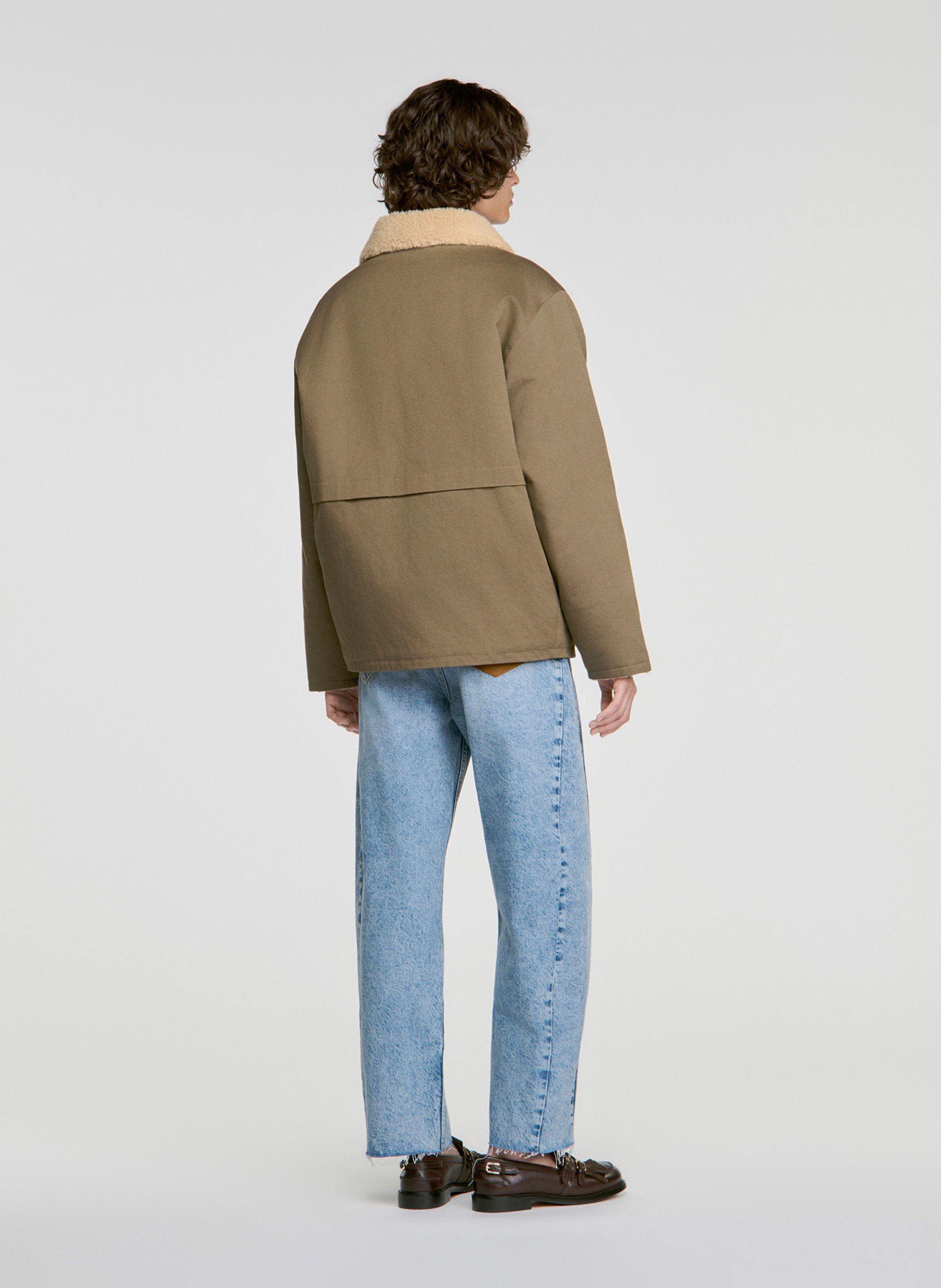 Manteau droit col sherpa en laine  SANDRO Kaki