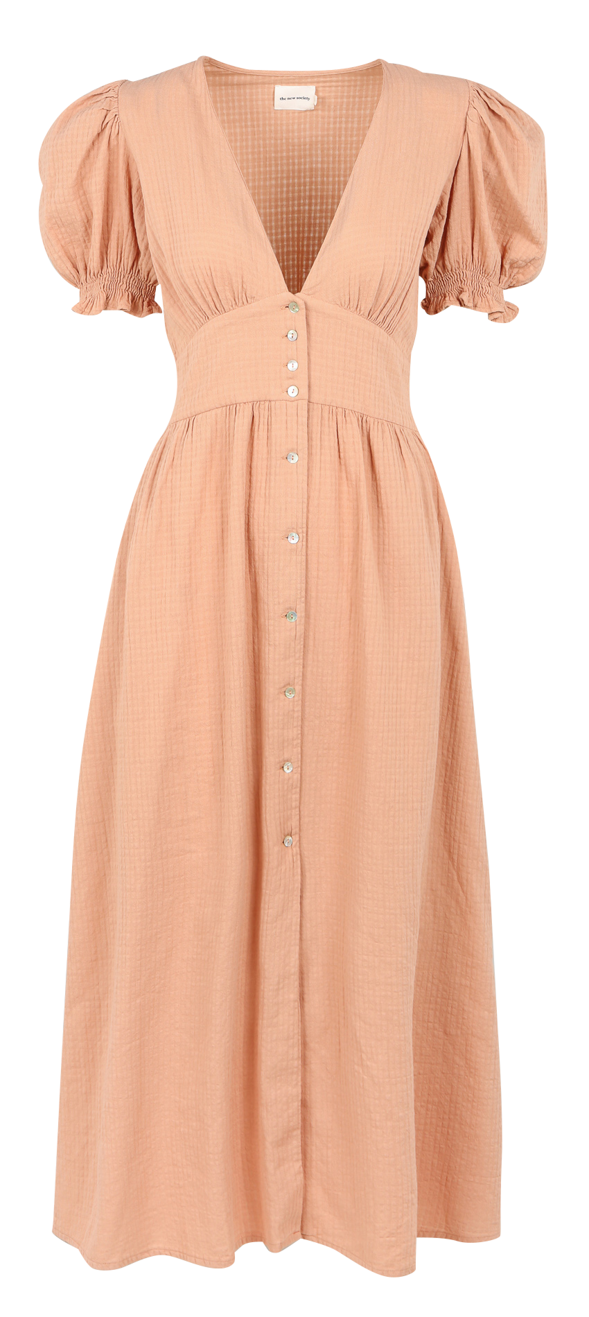 Lange, getailleerde, katoenen jurk met V-hals THE NEW SOCIETY Bruin