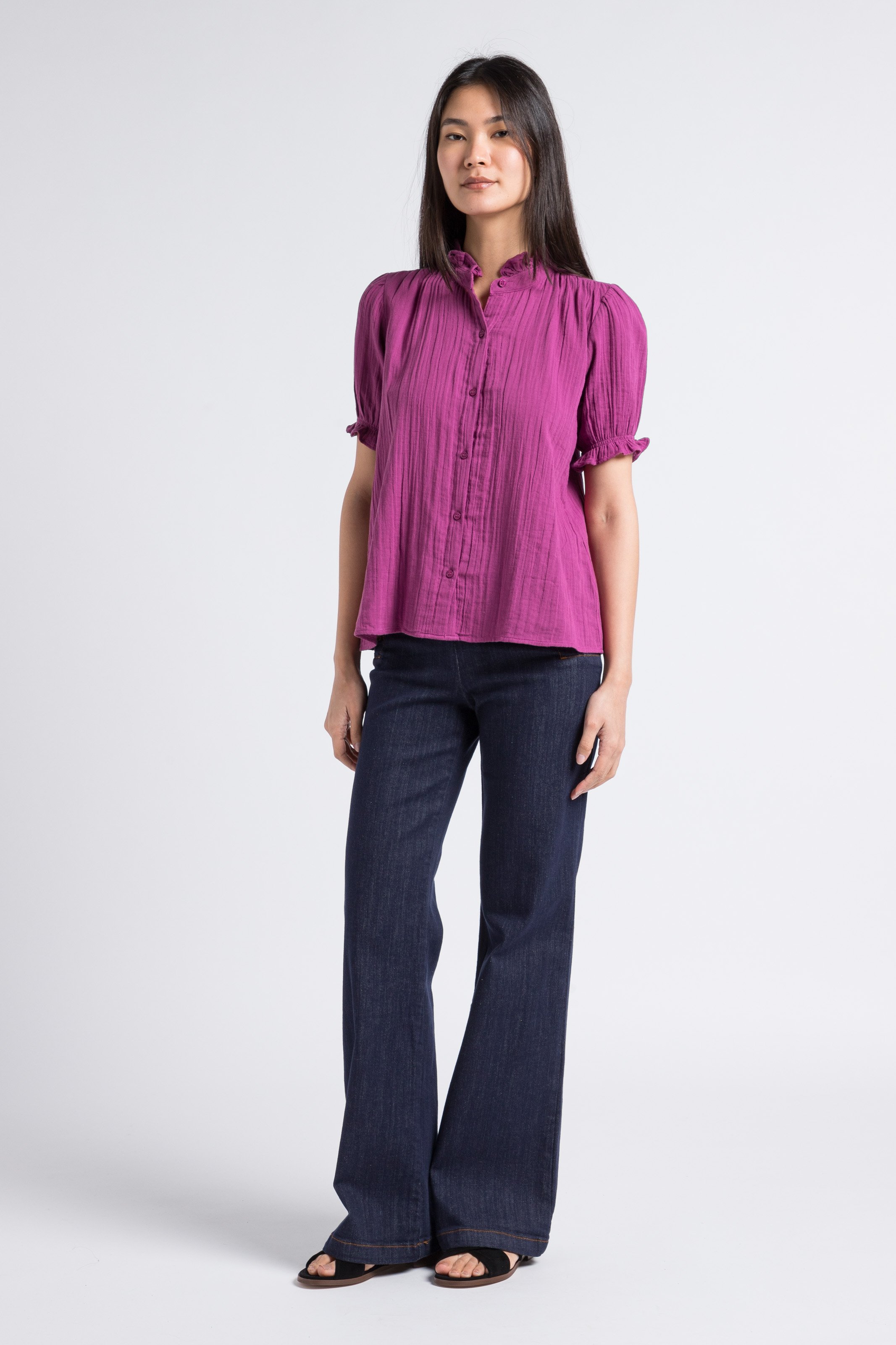 High-rise straight cotton-blend buttoned jeans Blue