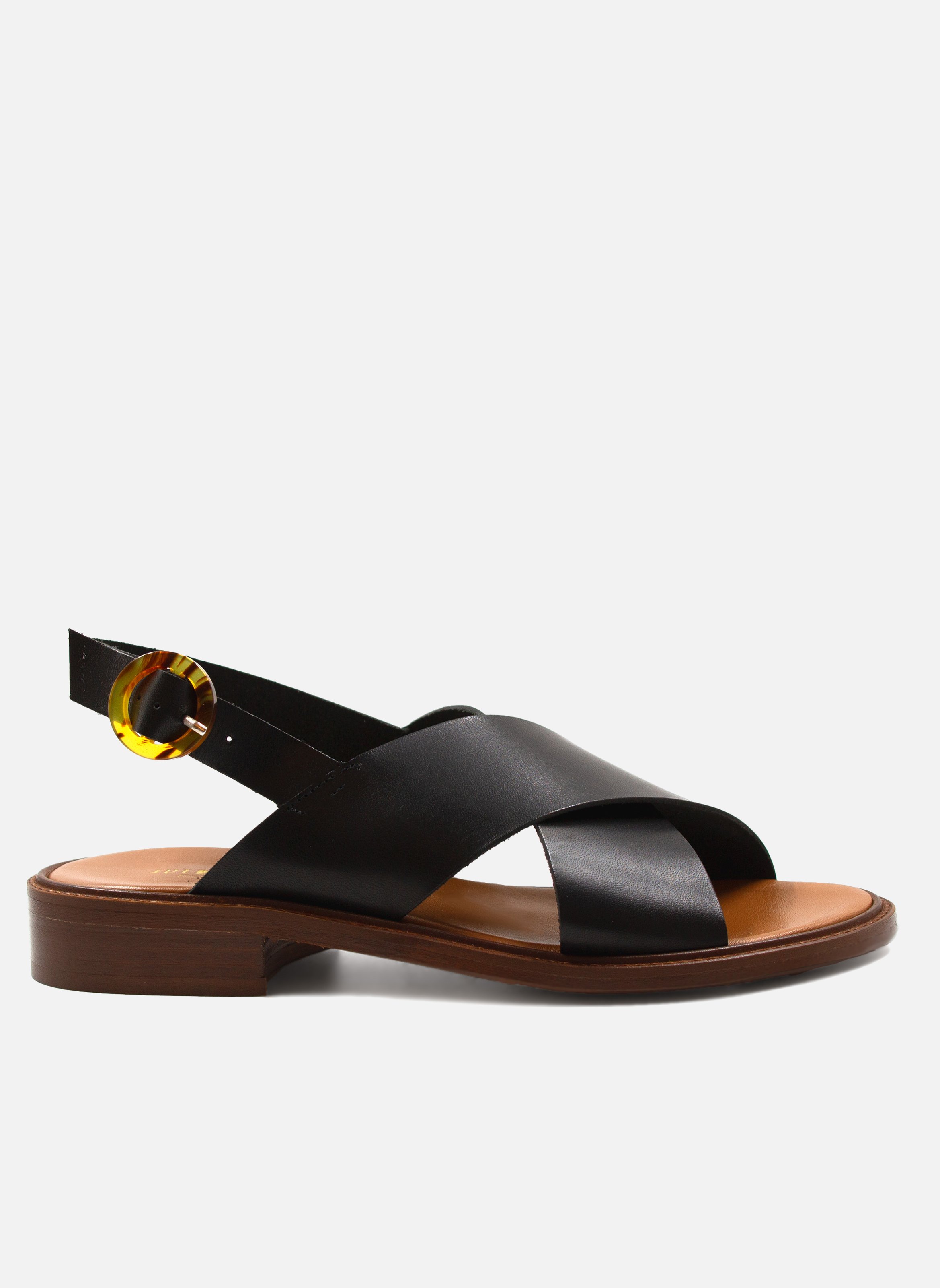 Flat sandals with tortoiseshell buckle in smooth leather JULES & JENN Black