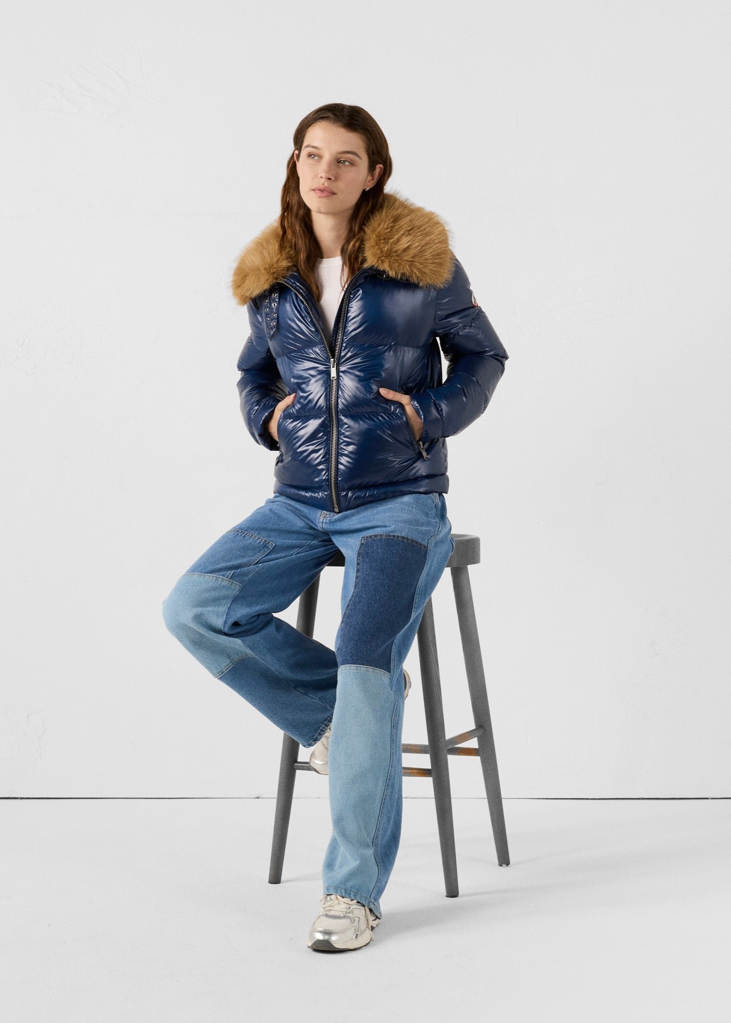 Shiny Nevada faux fur hooded puffer jacket for extreme cold. JOTT Blue