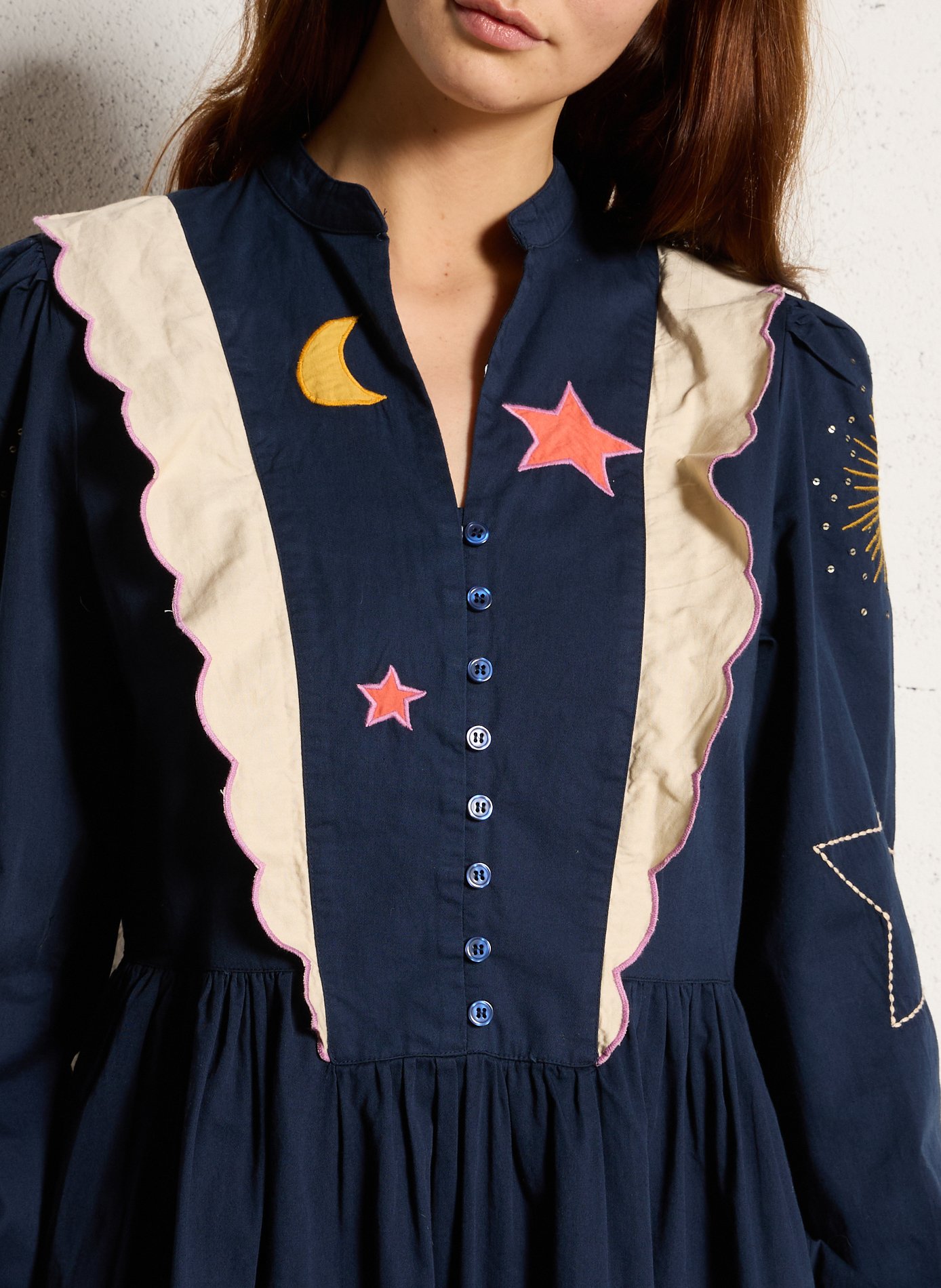 Robe longue col tunisien en coton bio STELLA NOVA Bleu