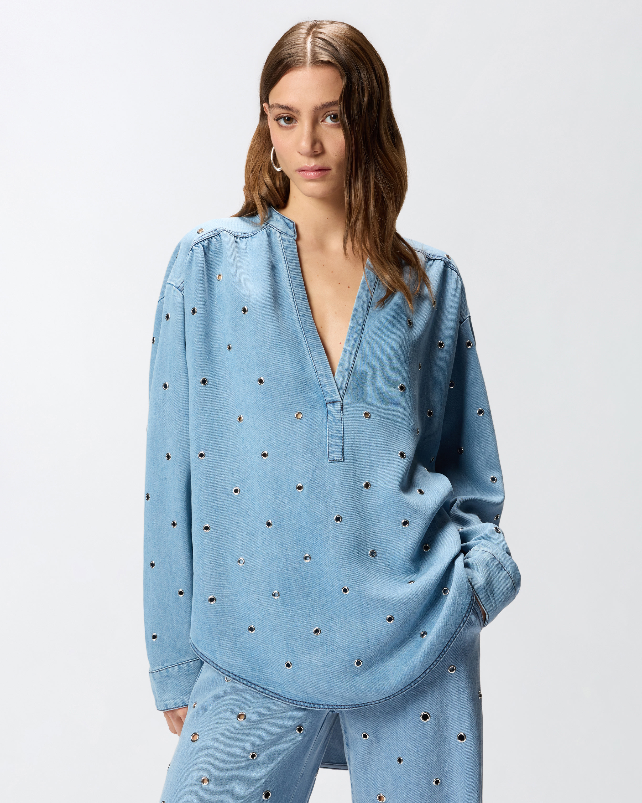 Blouse en denim à œillets PINKO Bleu
