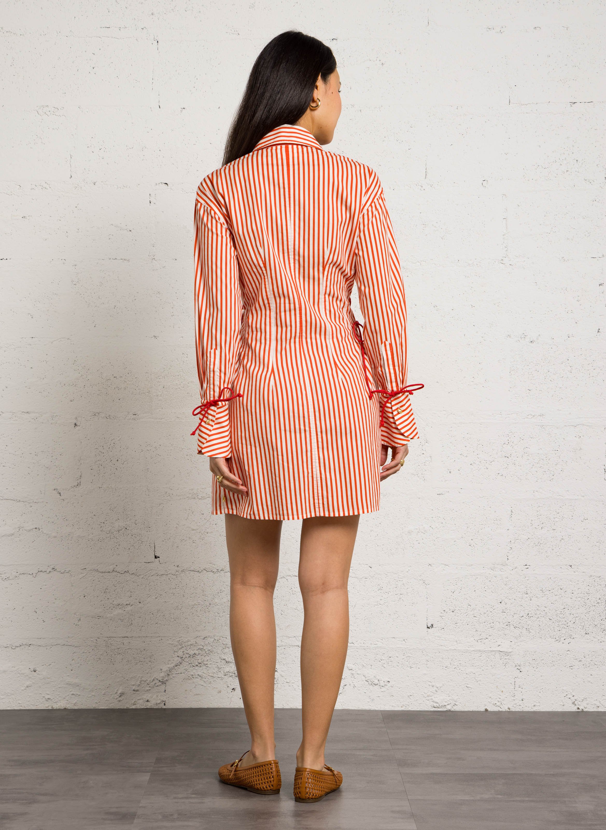 Short dress with classic collar in striped organic cotton FABIENNE CHAPOT Red