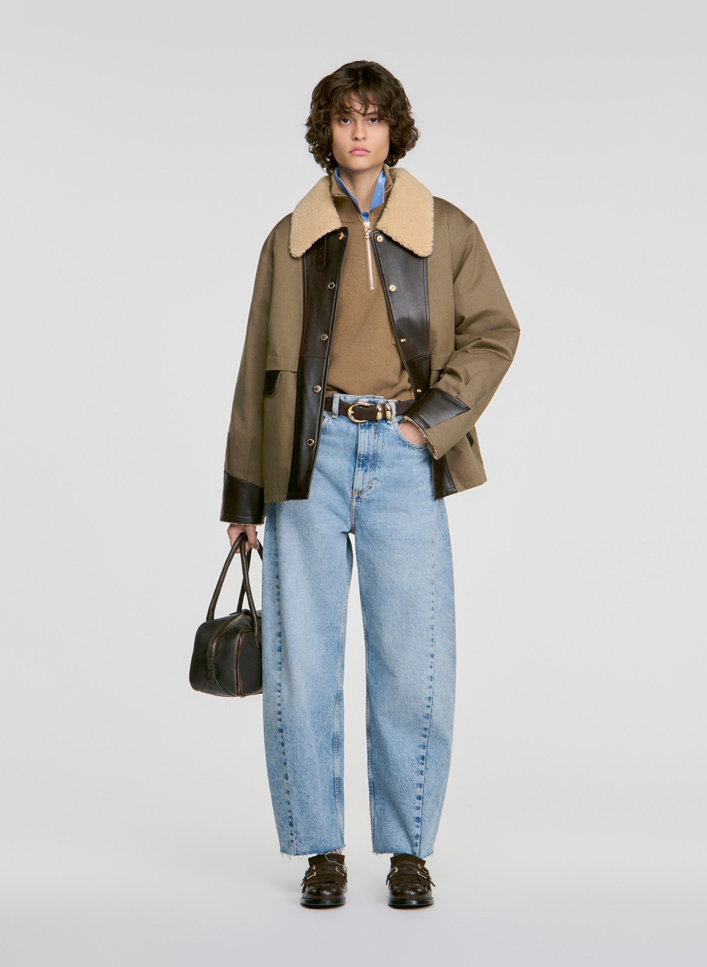 Manteau droit col sherpa en laine  SANDRO Kaki