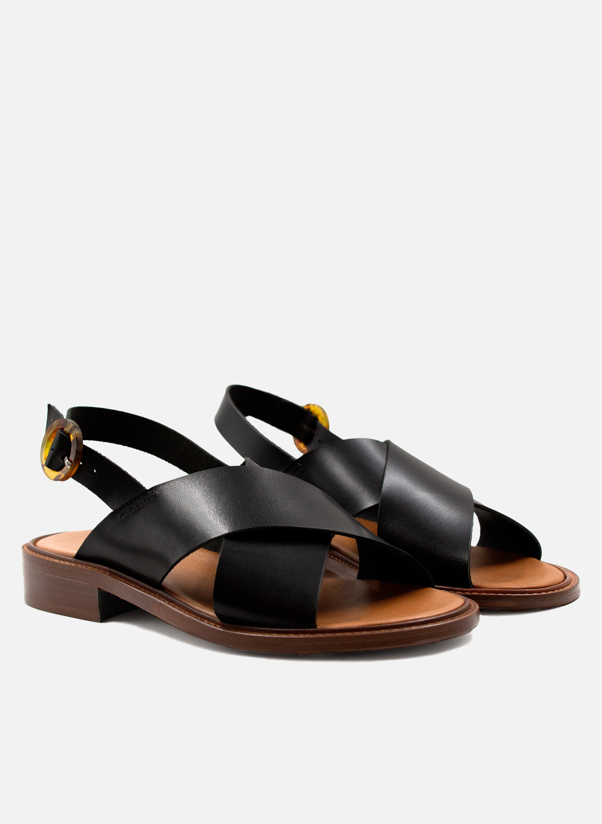 Flat sandals with tortoiseshell buckle in smooth leather JULES & JENN Black