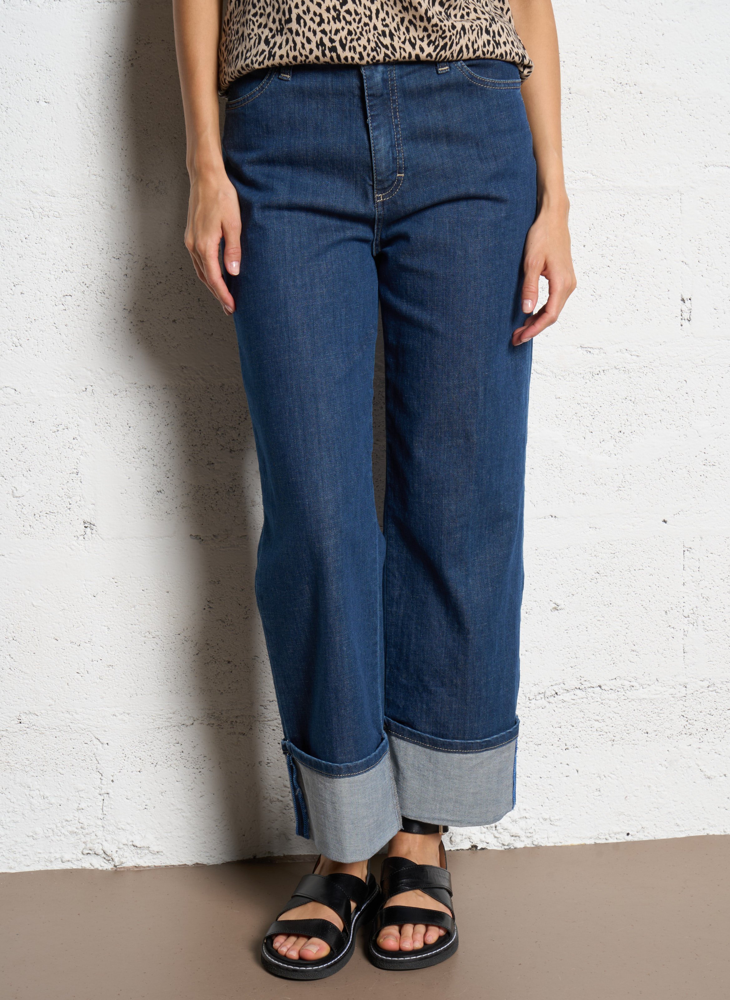 Straight raw denim jeans with large cuffs PLEASE Blue