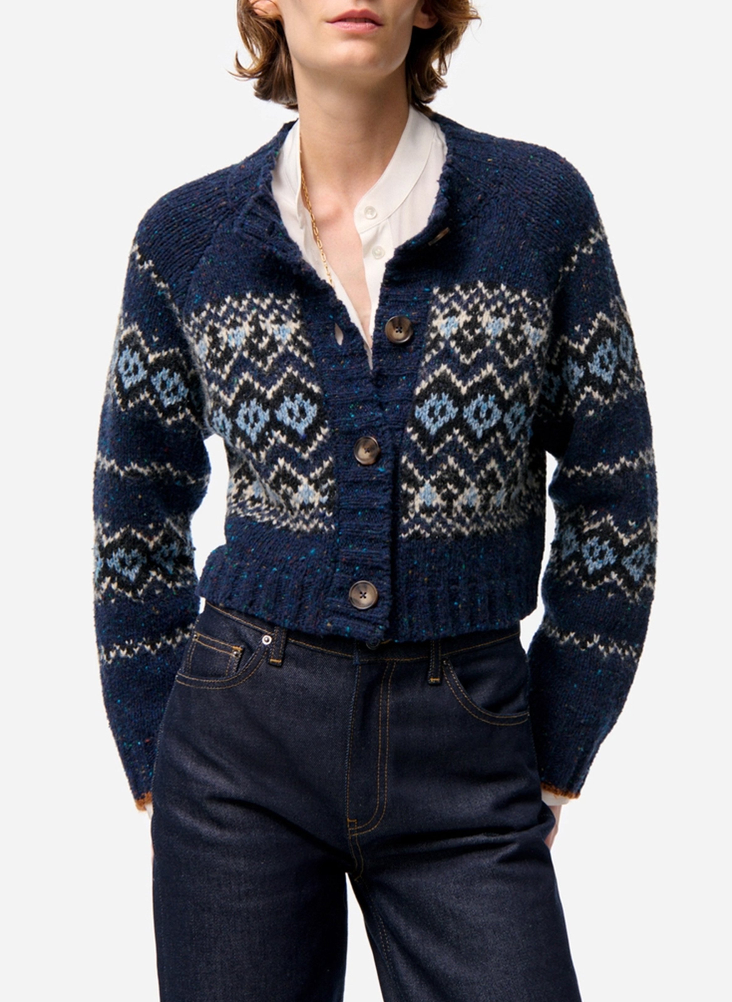 Gilet col rond jacquard en laine vierge mélangée VANESSA BRUNO Bleu