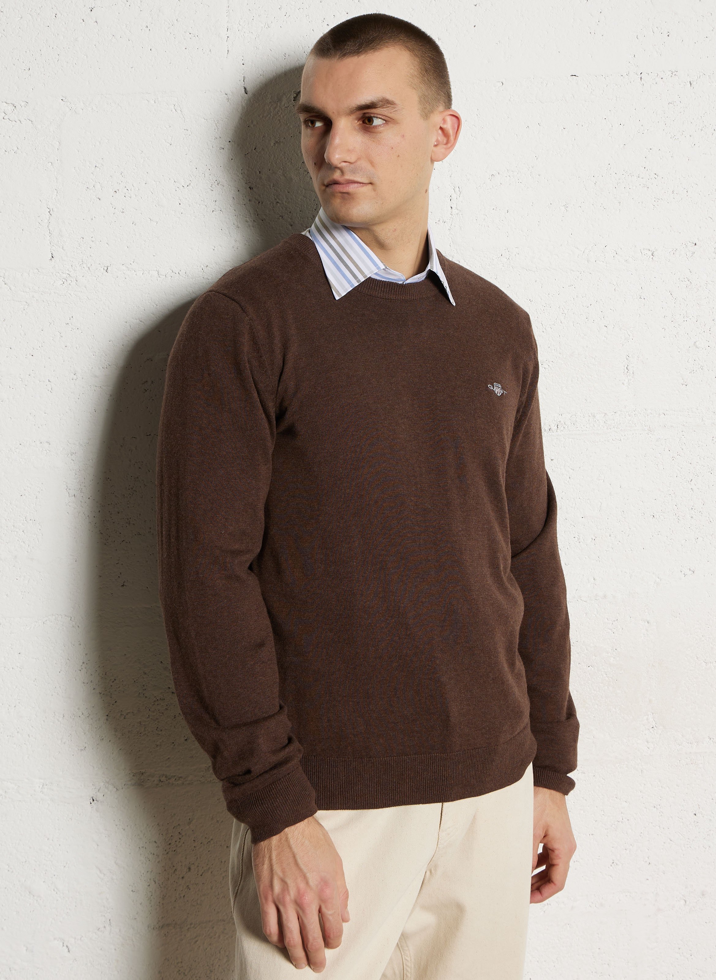 Pull droit col rond brodé en coton  GANT Marron