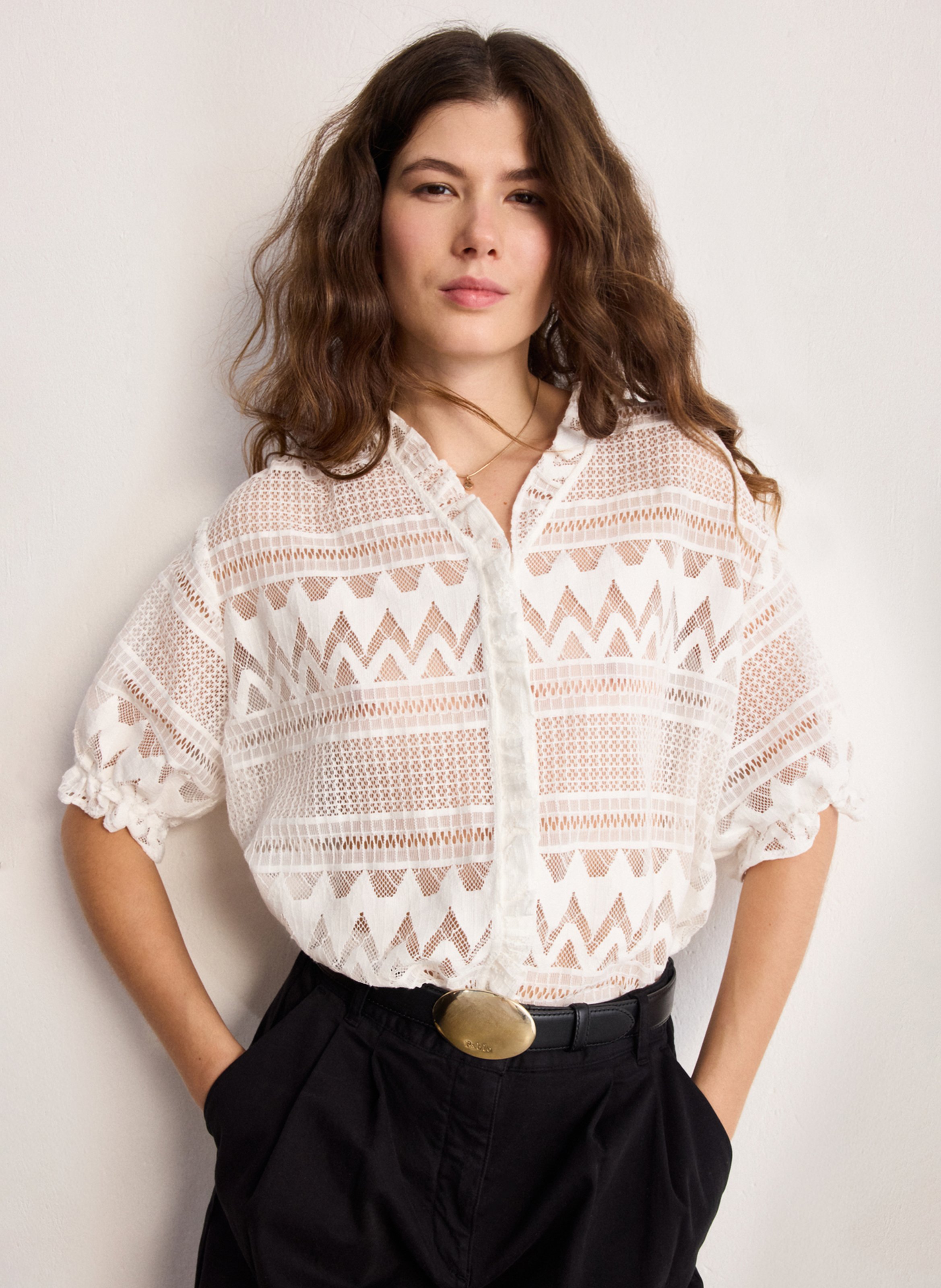 Blouse met V-hals van gemengd katoen PABLO Wit