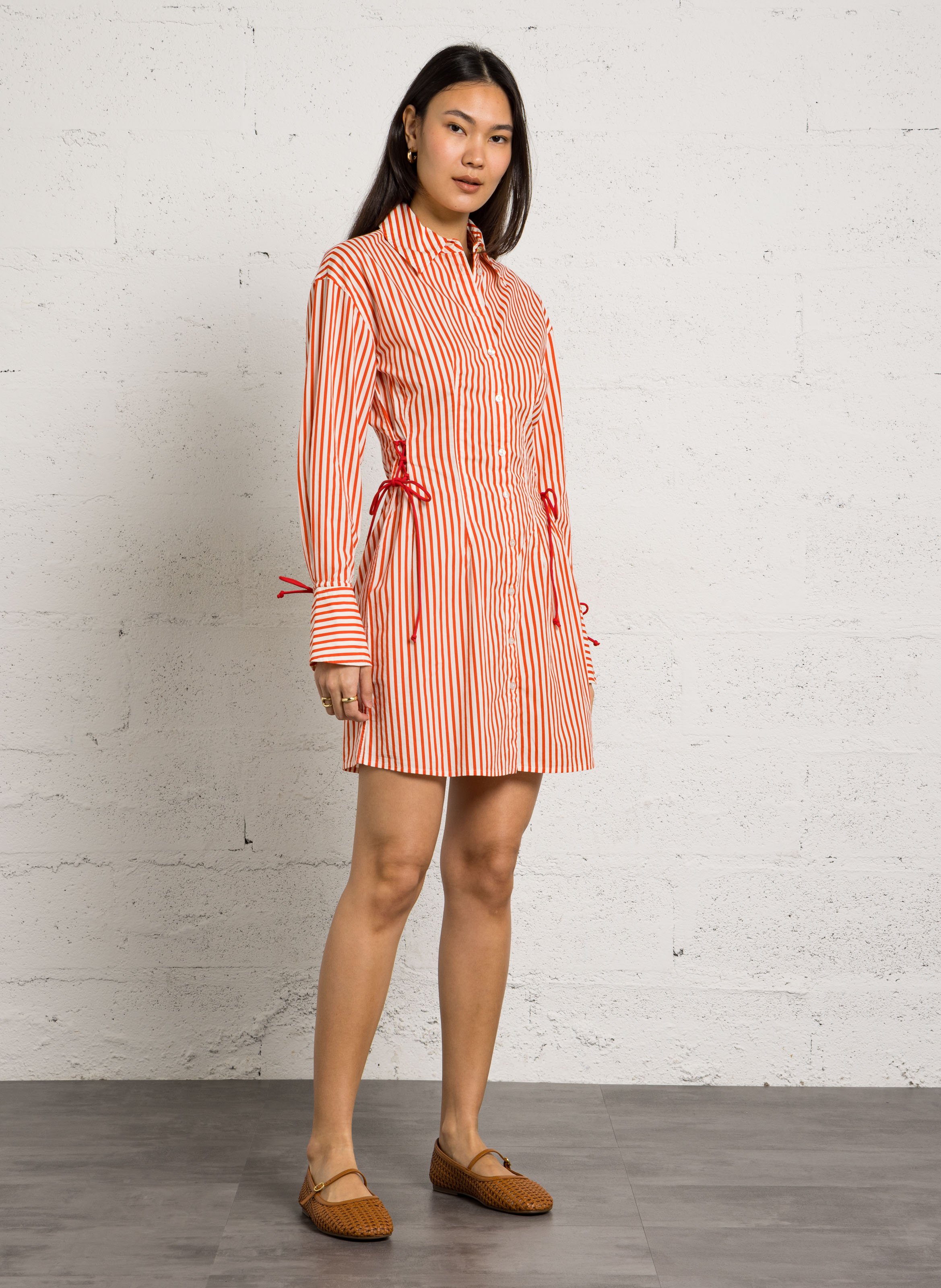 Short dress with classic collar in striped organic cotton FABIENNE CHAPOT Red