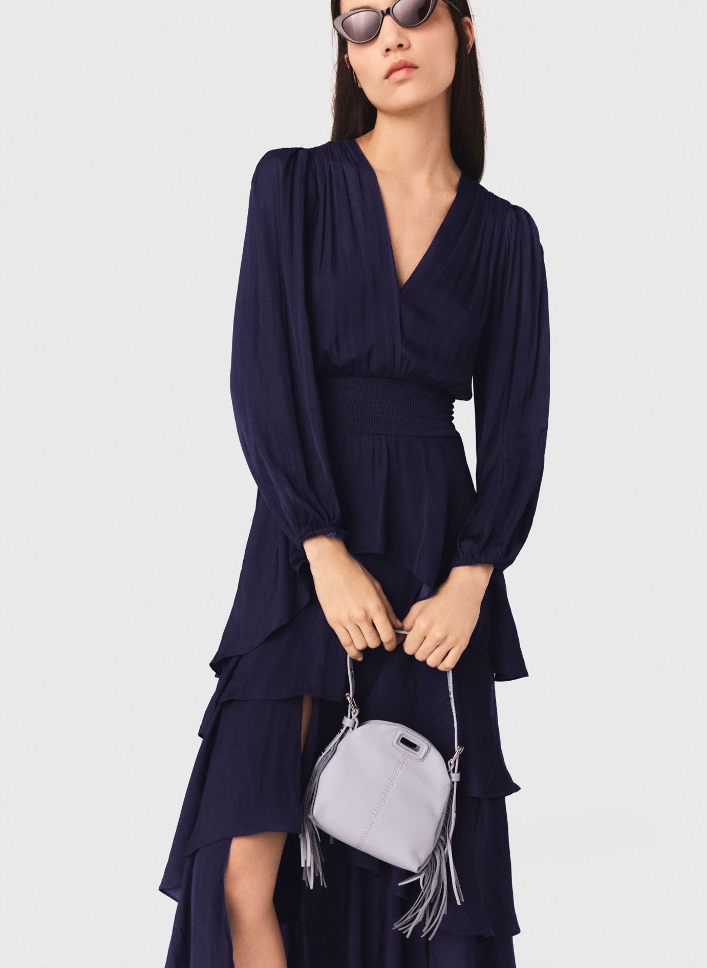 Robe longue col V à volants  | Bleu MAJE Femme