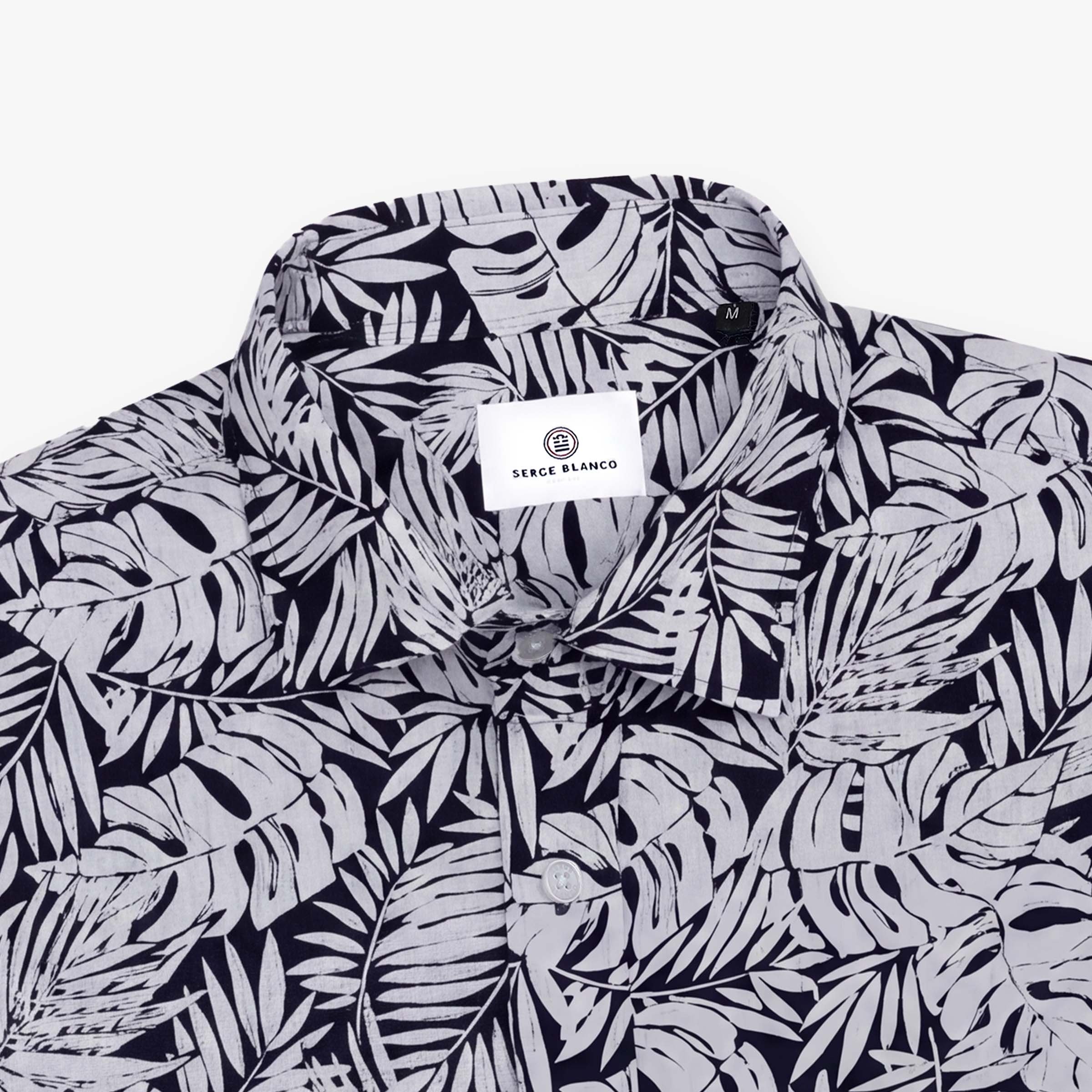 Navy blue cotton long-sleeve shirt with floral print SERGE BLANCO Blue