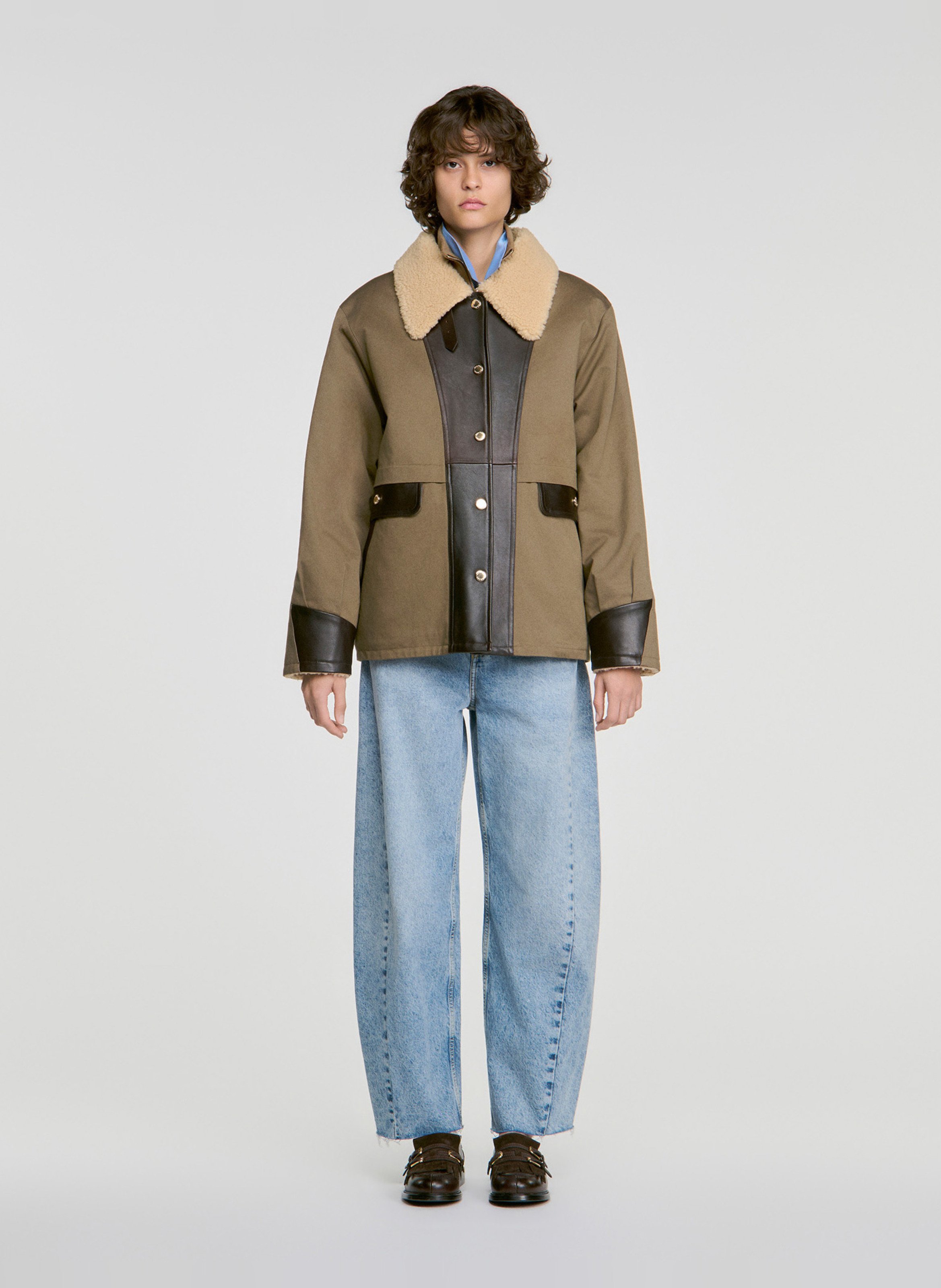Manteau droit col sherpa en laine  SANDRO Kaki