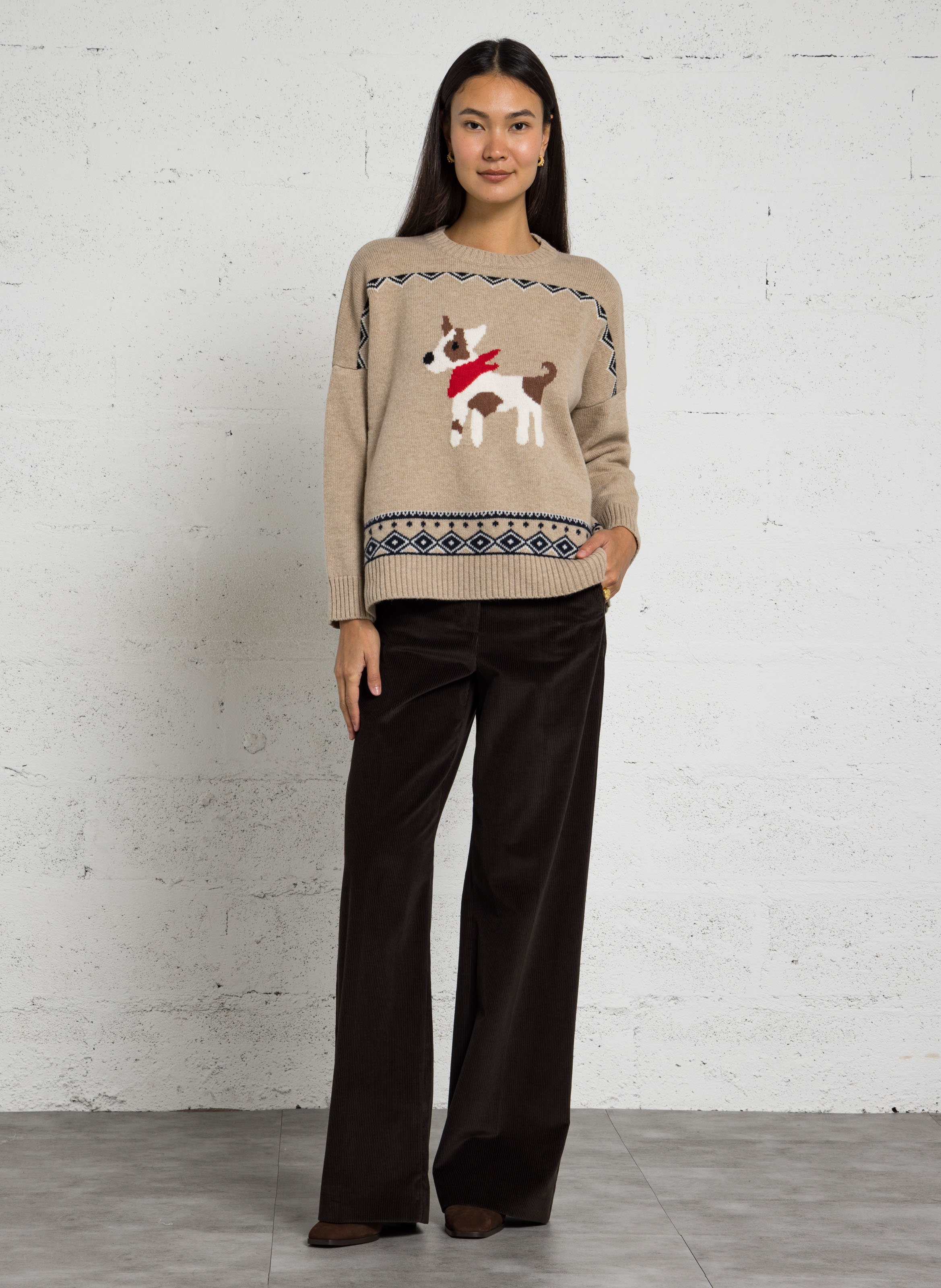 Pull oversize col rond jacquard en laine MAX MARA WEEK END Beige