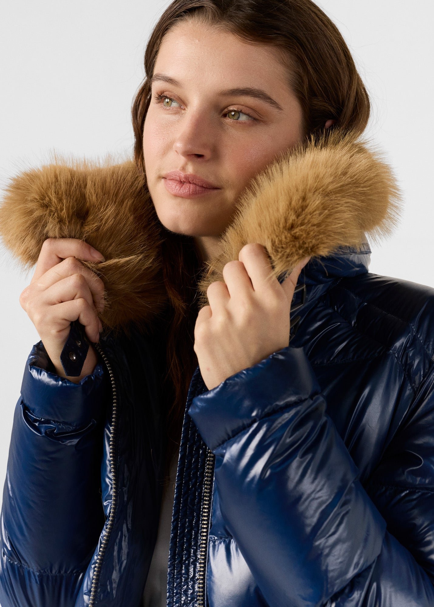 Shiny Nevada faux fur hooded puffer jacket for extreme cold. JOTT Blue