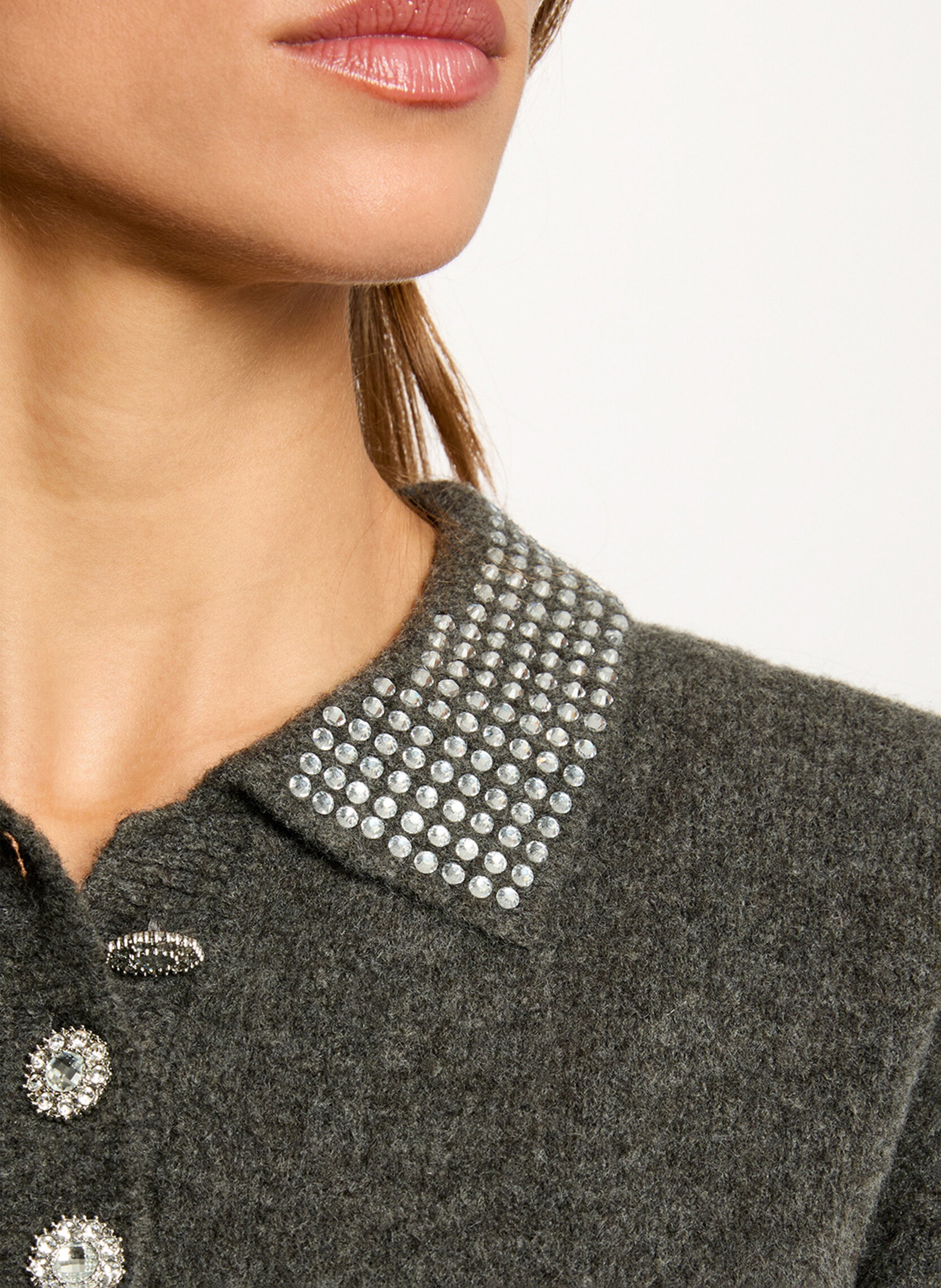 Pull col chemise à strass MORGAN Gris