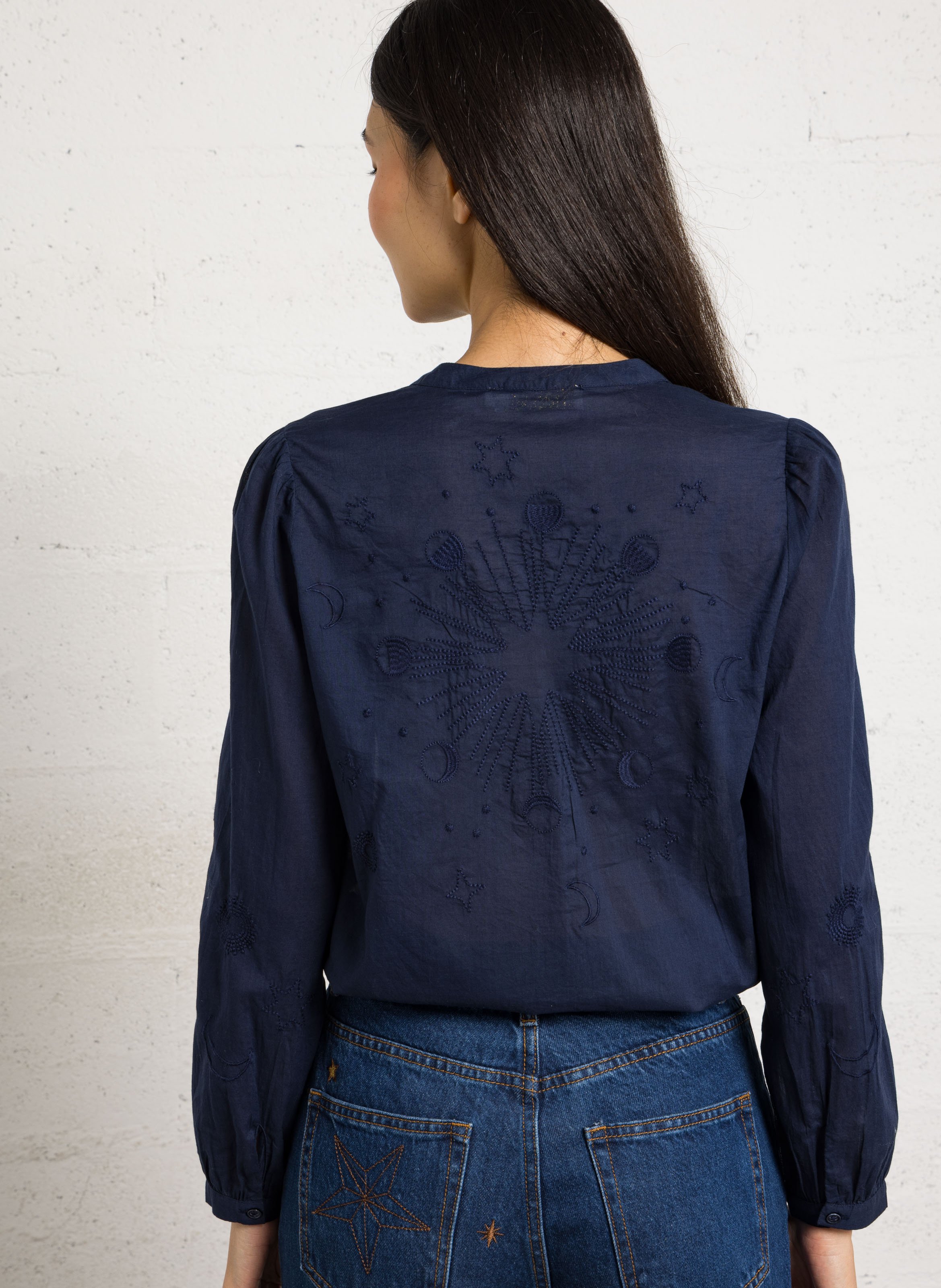 Embroidered cotton tunic collar blouse LA PETITE ETOILE Blue