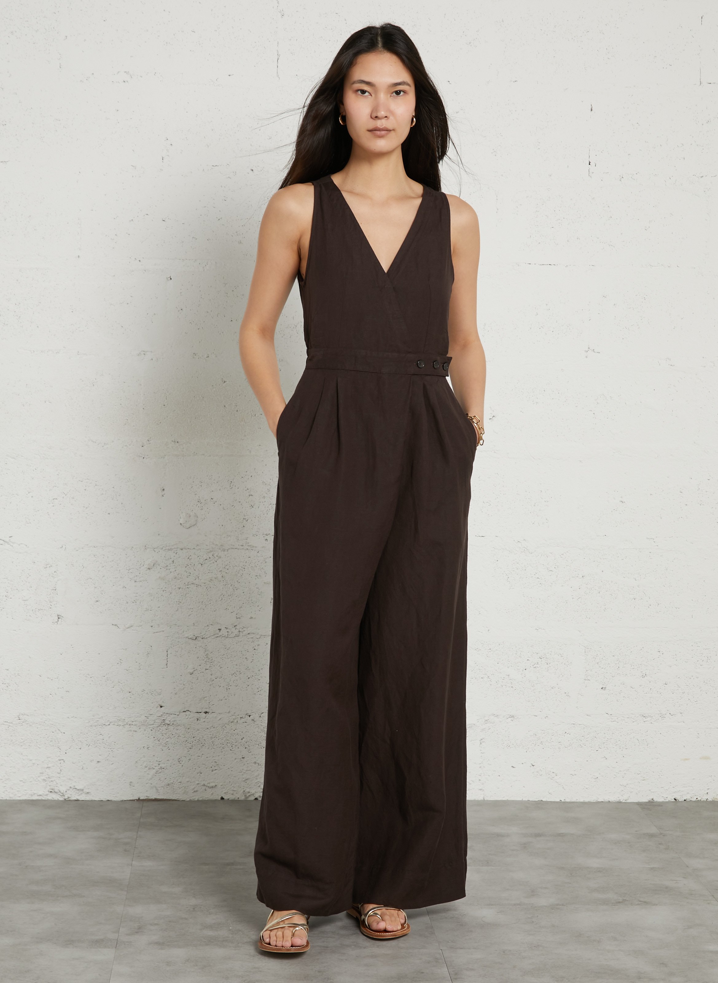 Combinaison col V en lin mélangé DES PETITS HAUTS Marron