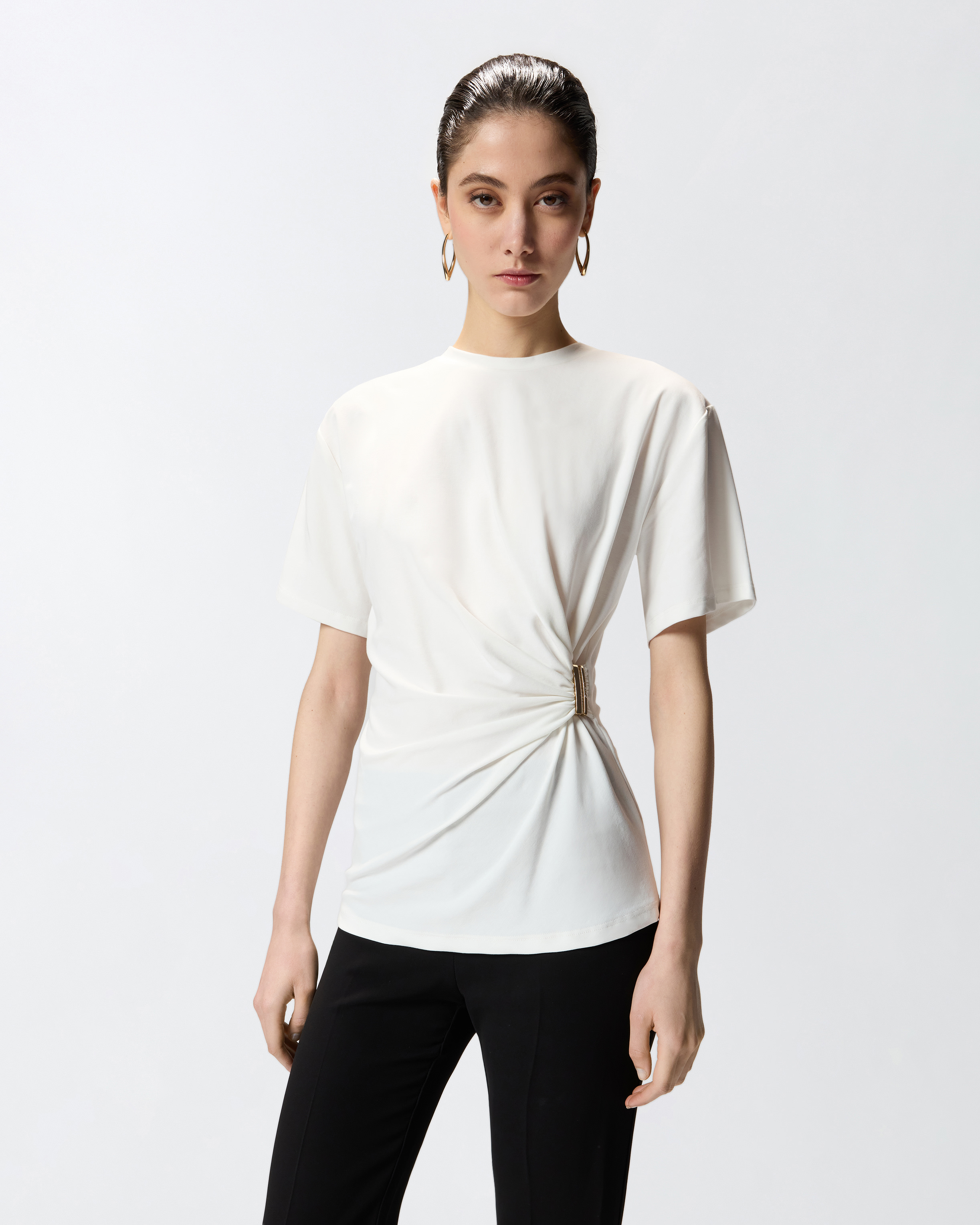 T-shirt avec drapé et détail doré PINKO Blanc