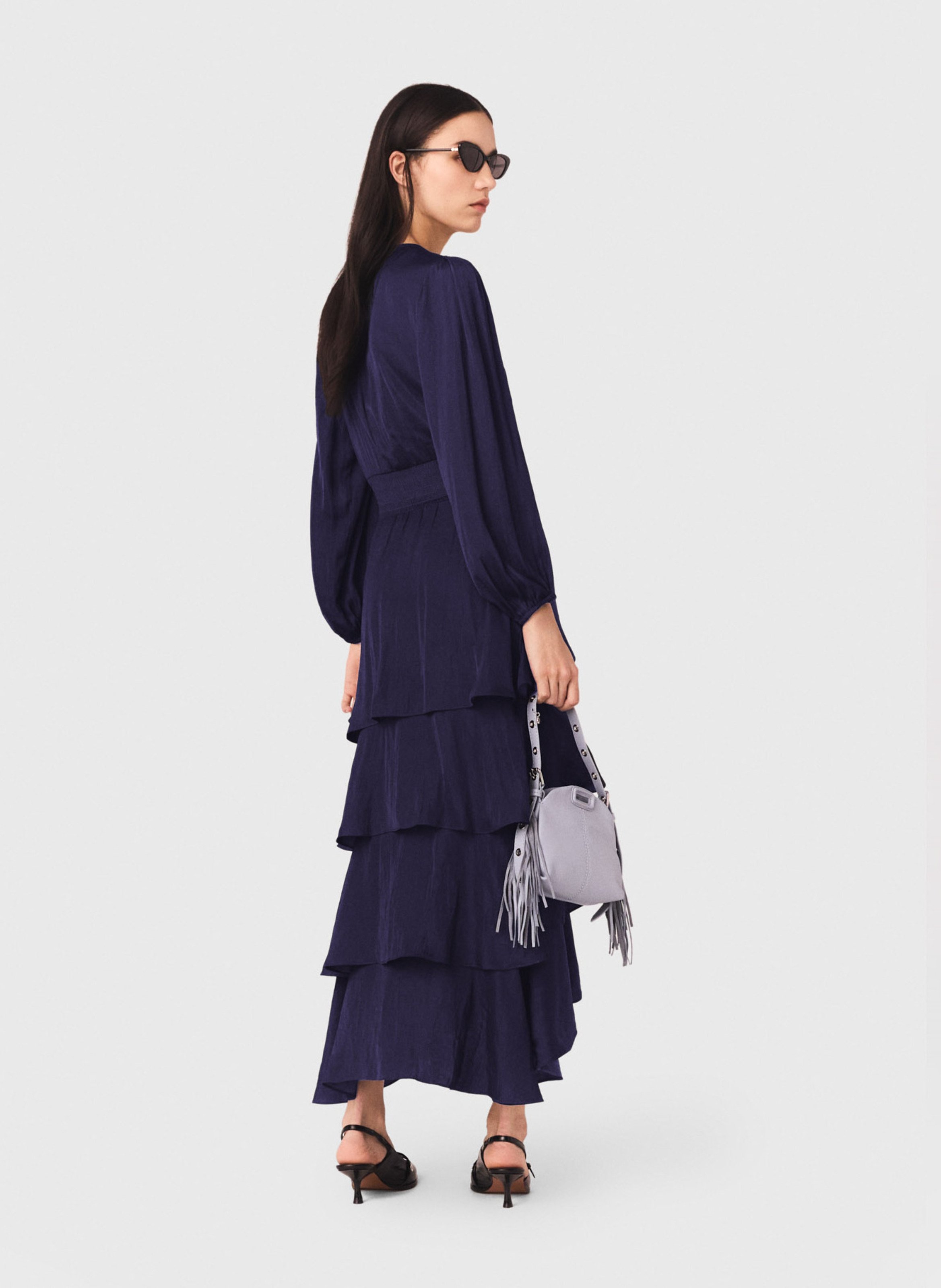 Robe longue col V à volants  | Bleu MAJE Femme