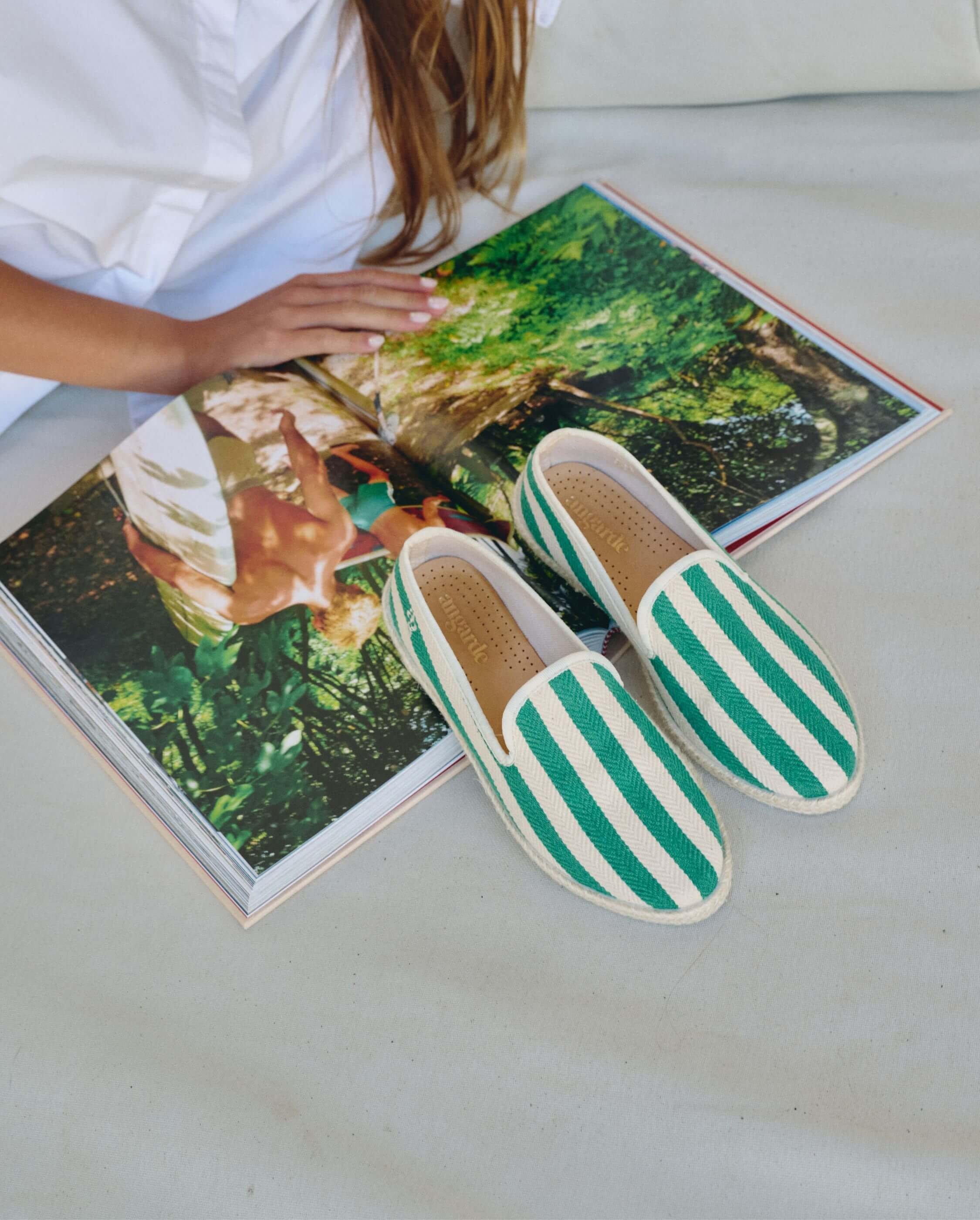 Women's espadrilles, green stripes ANGARDE Stripes