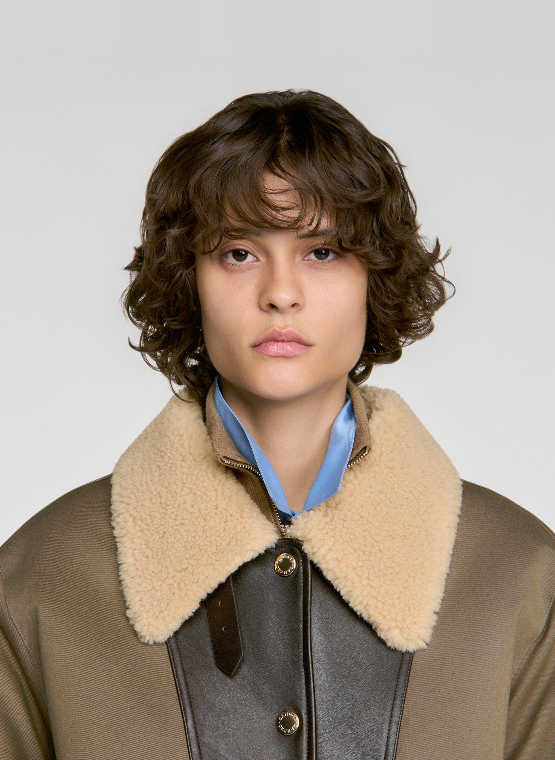 Manteau droit col sherpa en laine  SANDRO Kaki
