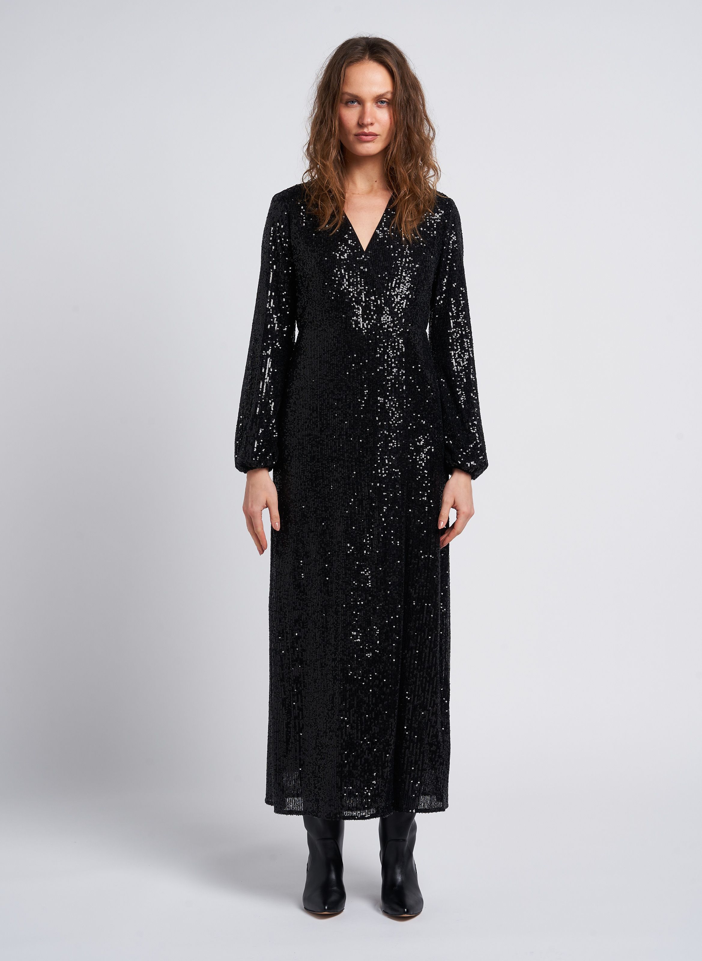 Black Long straight V neck dress with sequins