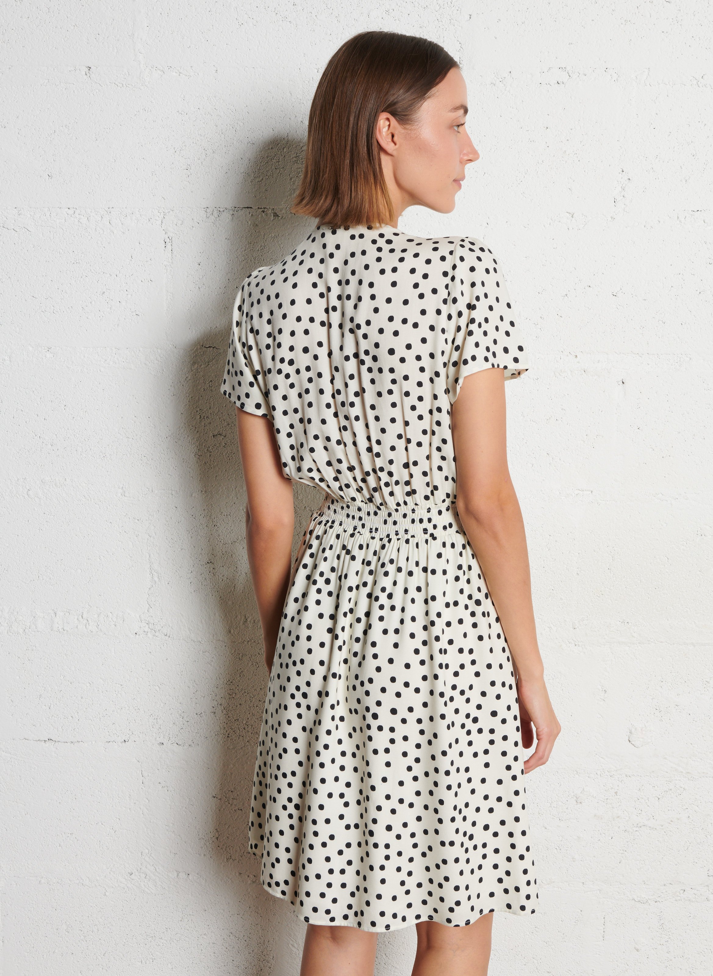 Short polka dot V-neck dress IKKS White