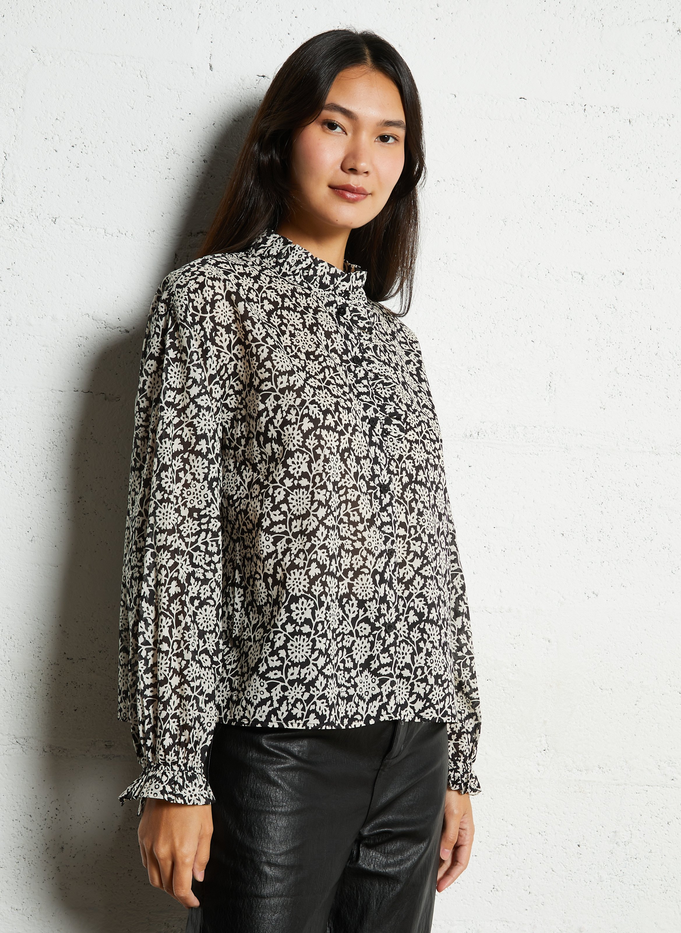 Gerade Bluse mit Rundhalsausschnitt aus bedruckter Baumwolle THE KORNER Schwarz