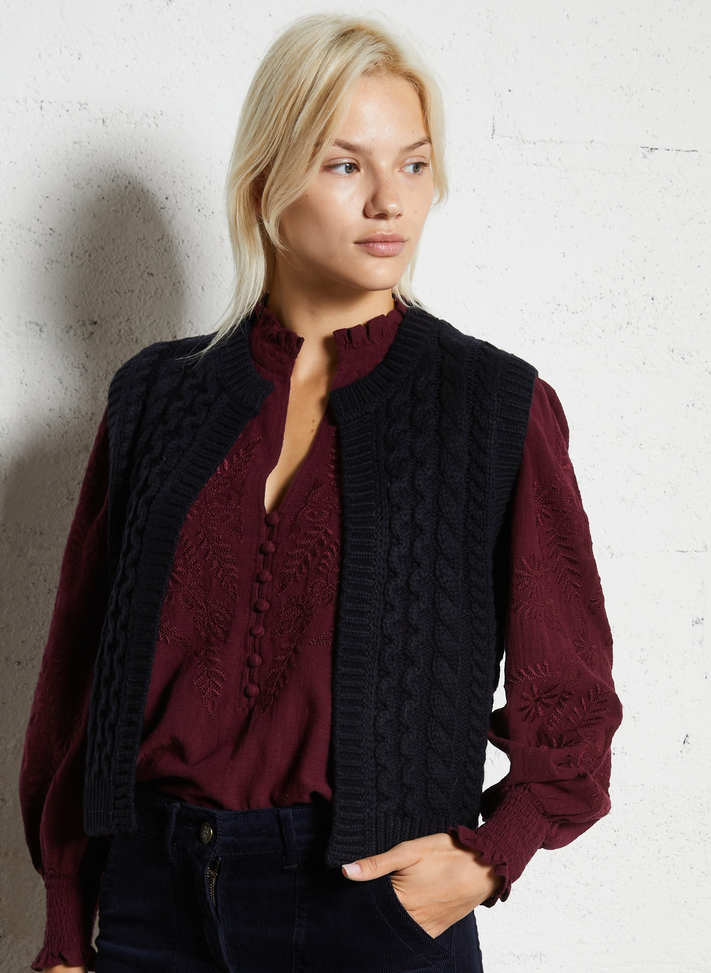 Straight round-neck wool-blend cardigan MAISON 123 Blue