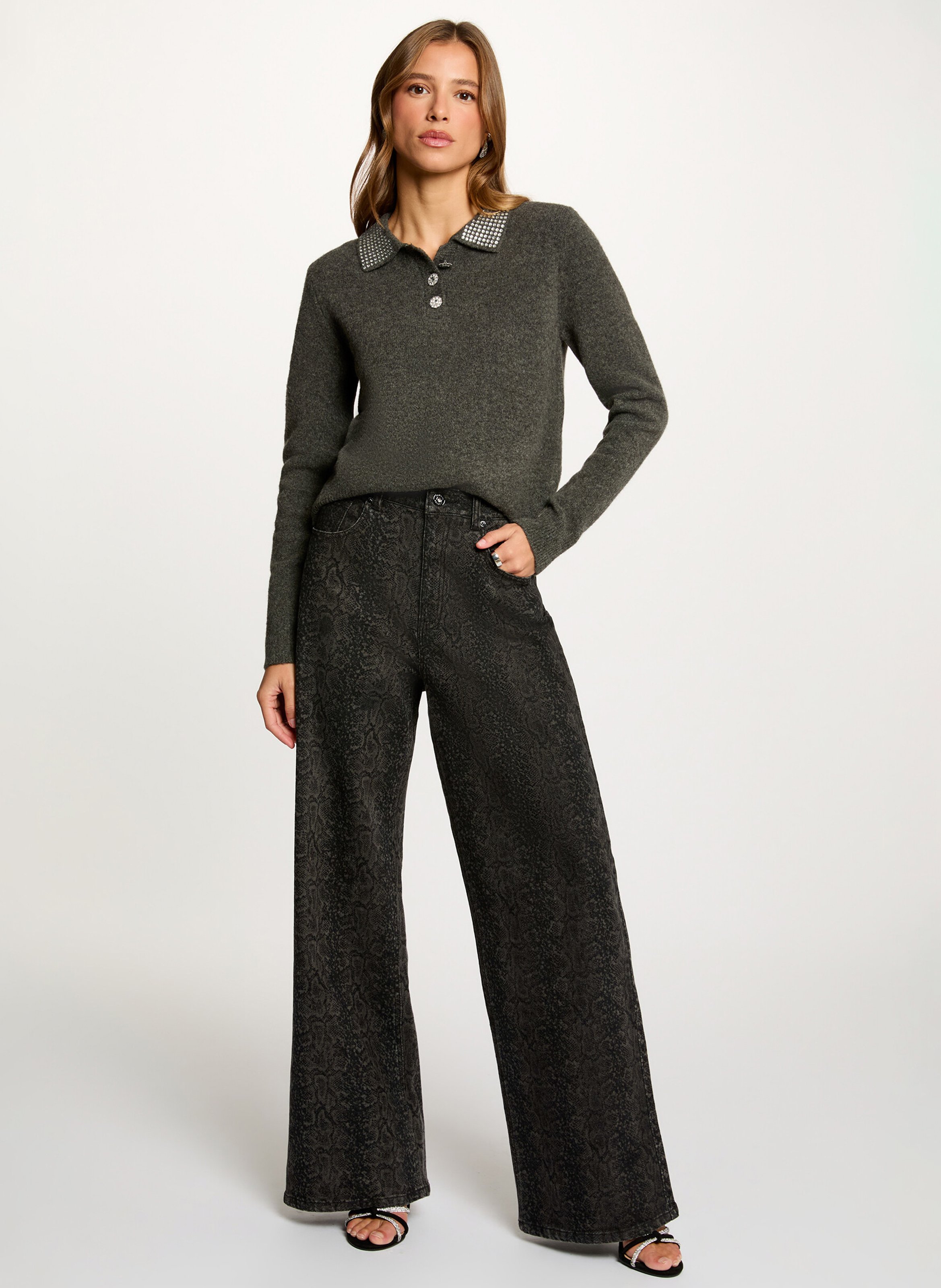 Pull col chemise à strass MORGAN Gris