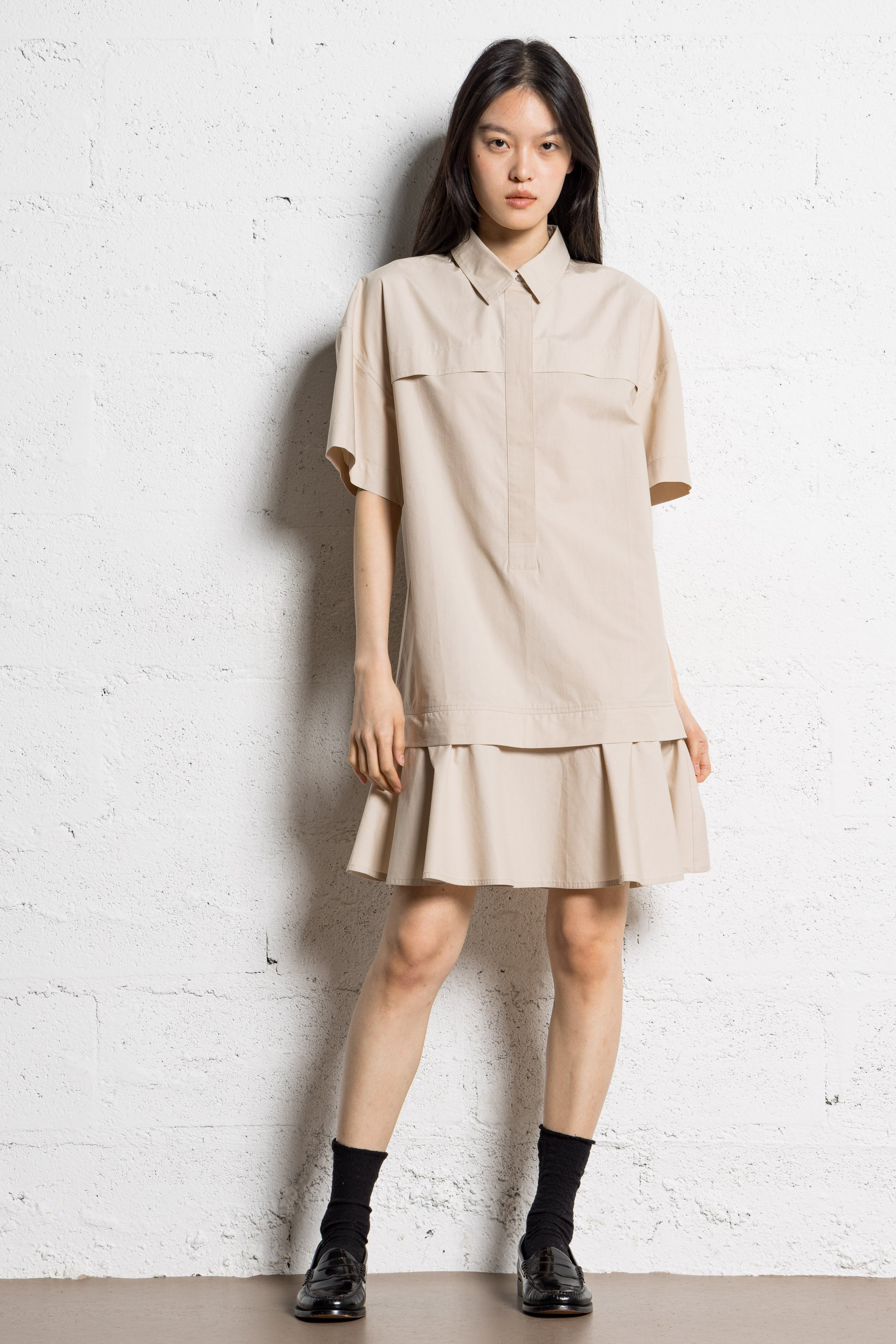 Kurzes Kleid mit Trompe-l'oeil-Rock aus Baumwolle IKKS Beige