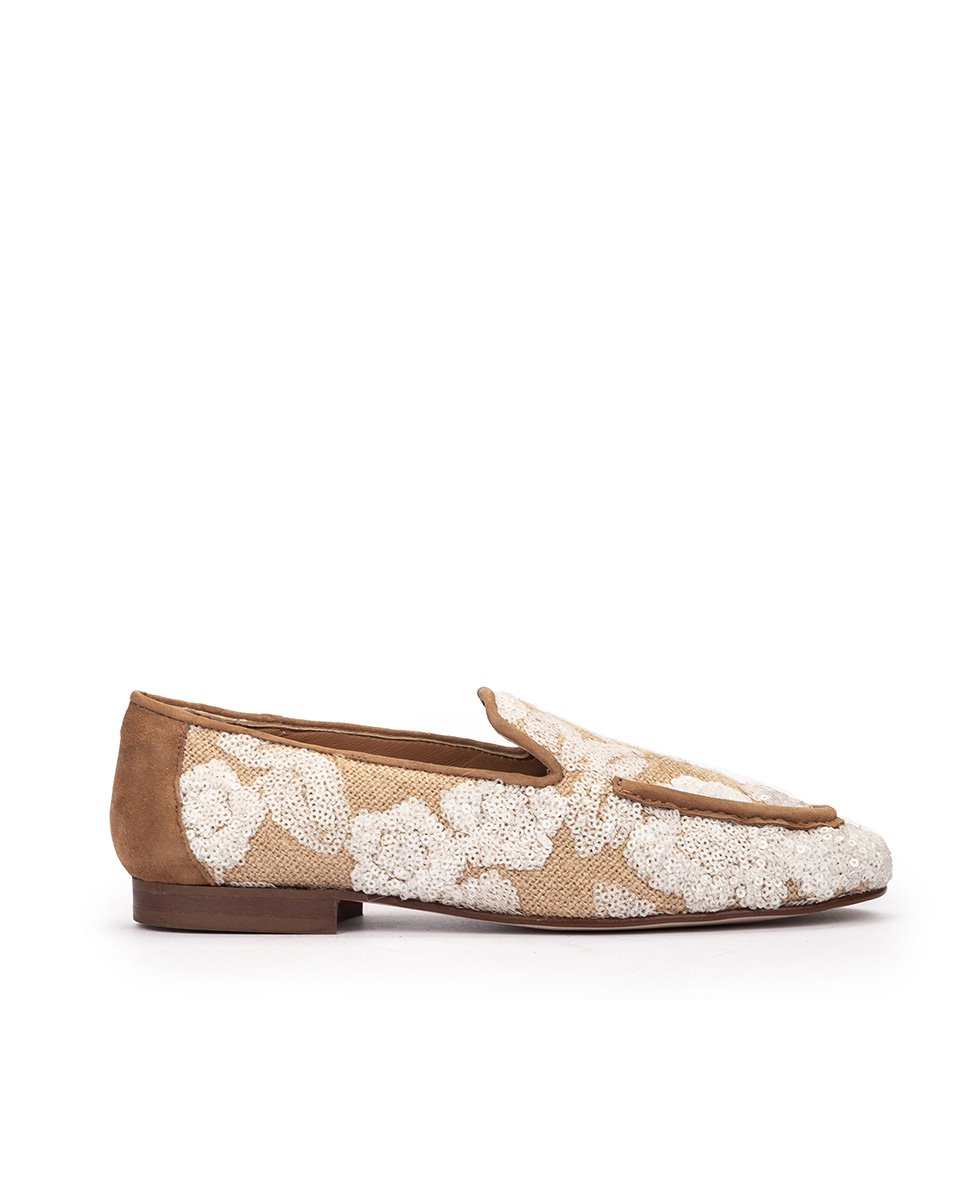 Leather and fabric moccasins with white sequins. PEDRO MIRALLES Brown
