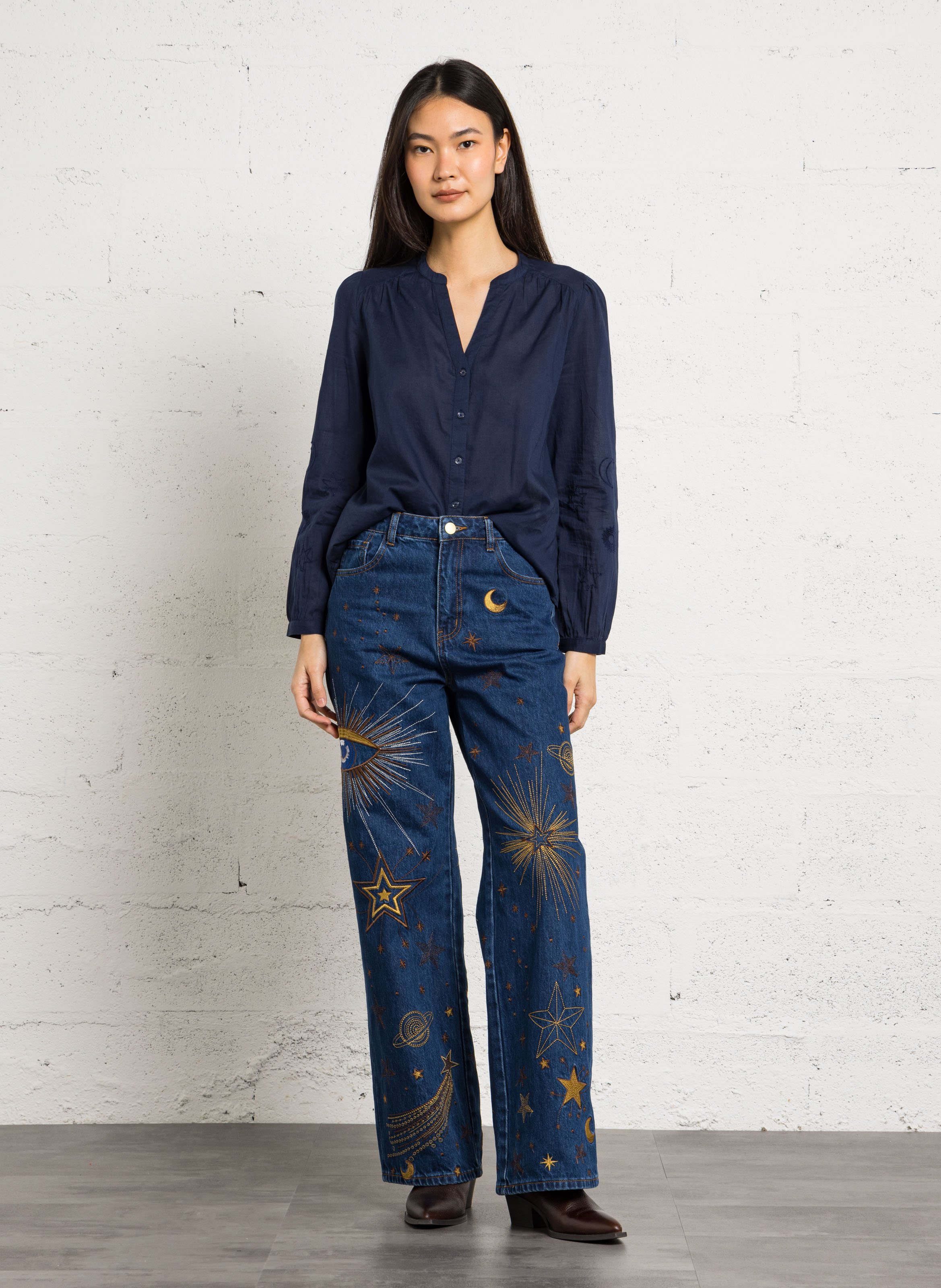 Embroidered cotton tunic collar blouse LA PETITE ETOILE Blue