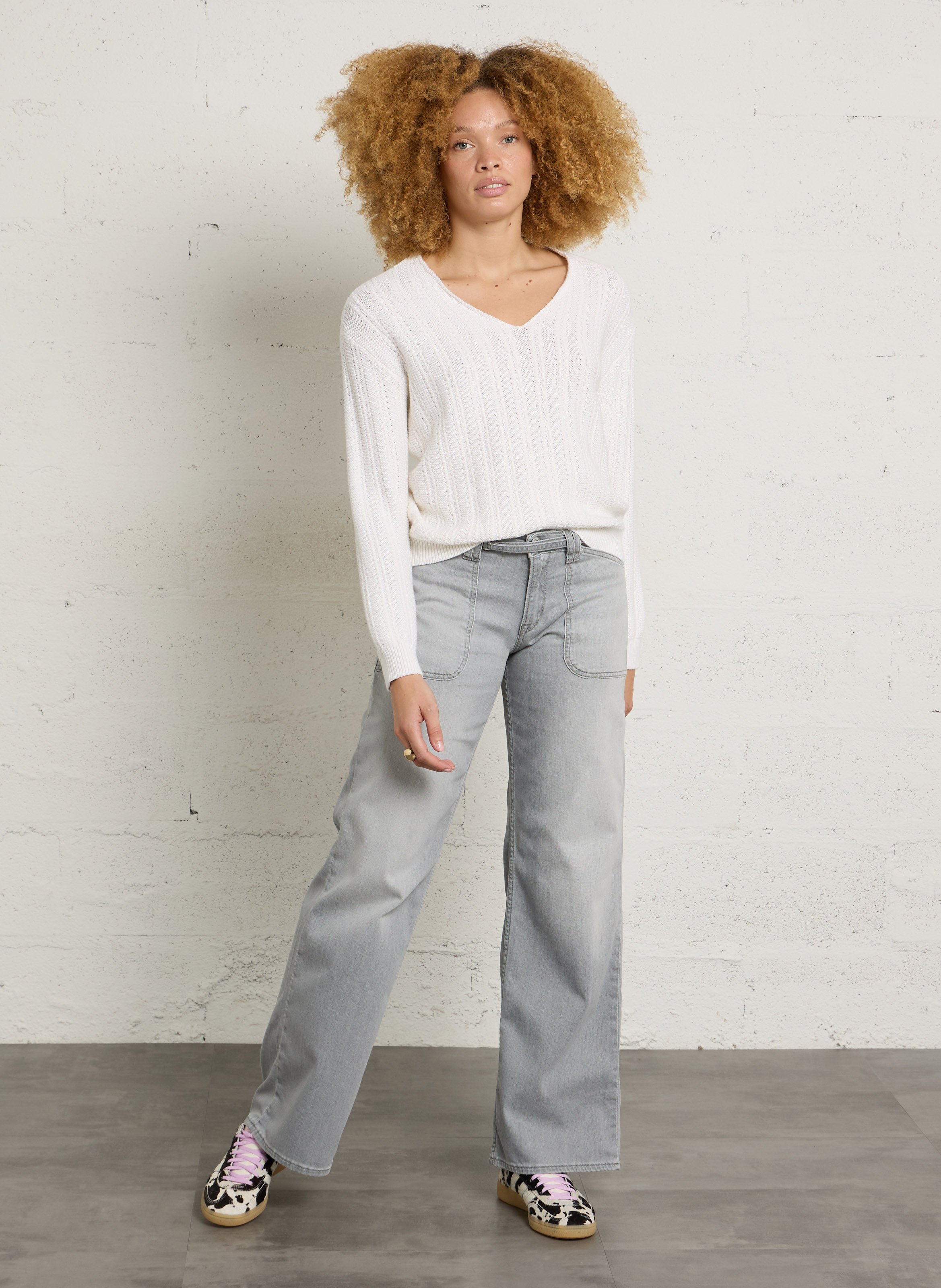 Straight V-neck cotton sweater SUD EXPRESS Beige