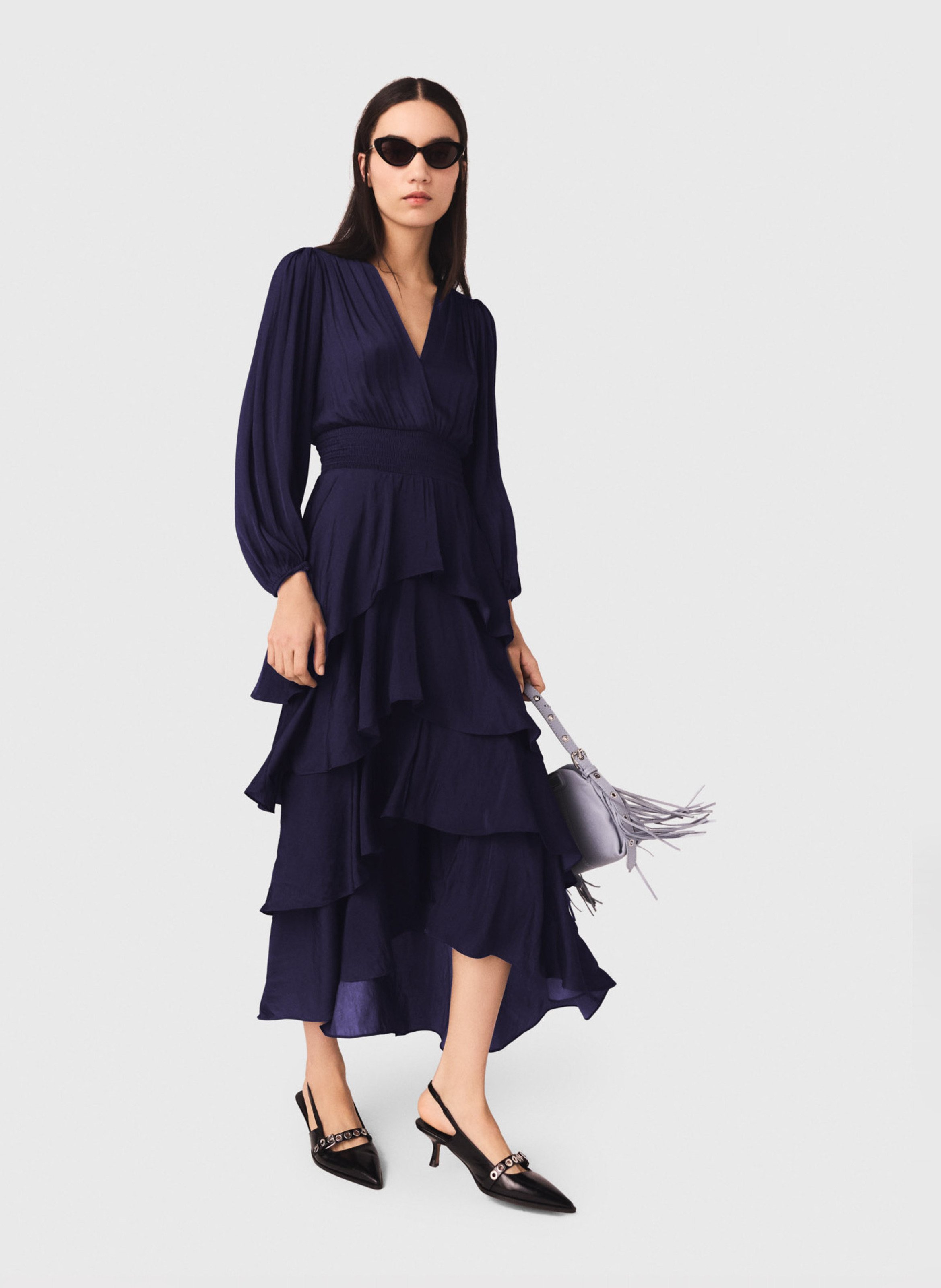Robe longue col V à volants  | Bleu MAJE Femme