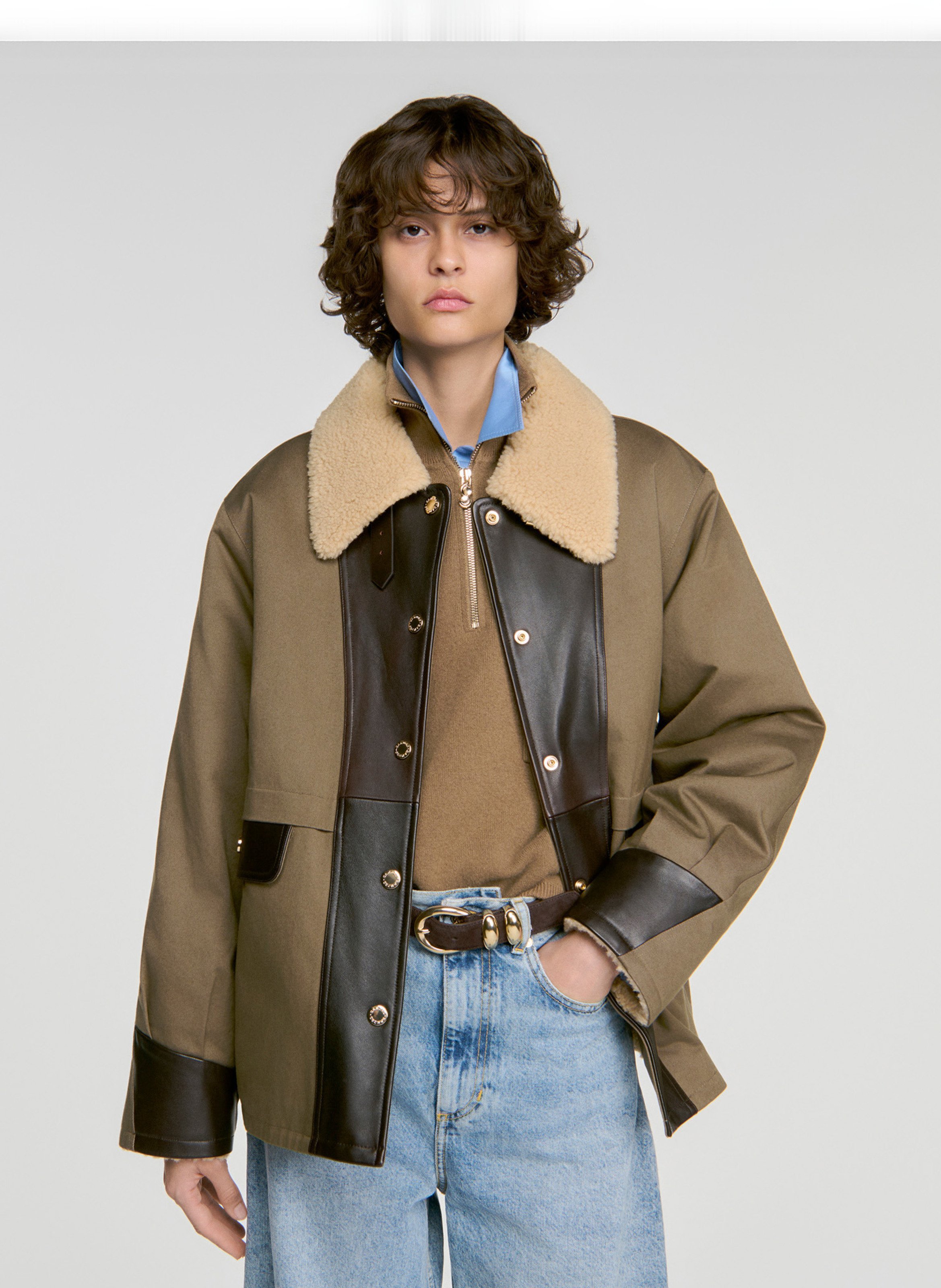 Manteau droit col sherpa en laine  SANDRO Kaki