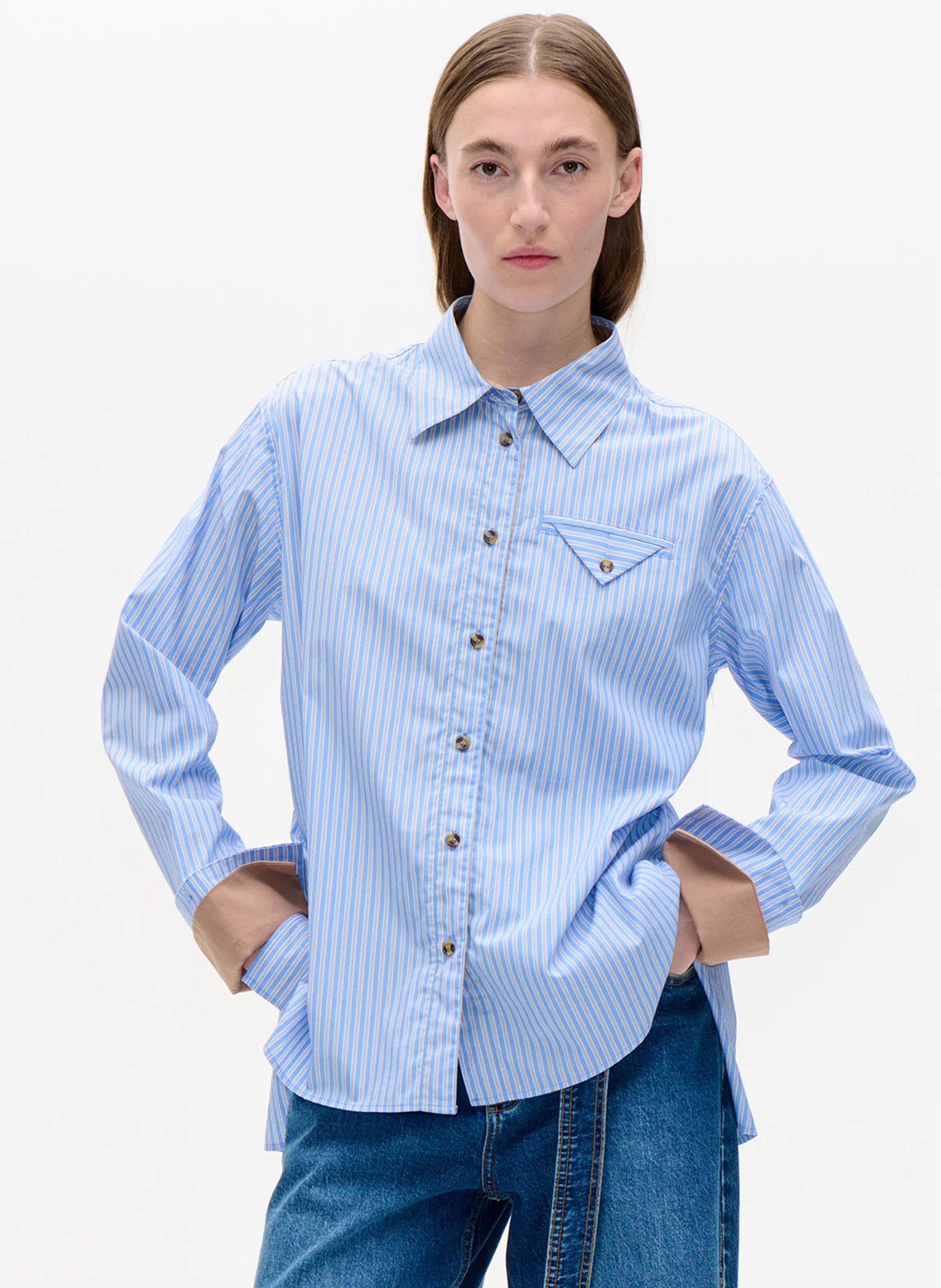 Striped oversize organic cotton shirt with classic collar BAUM UND PFERDGARTEN Blue