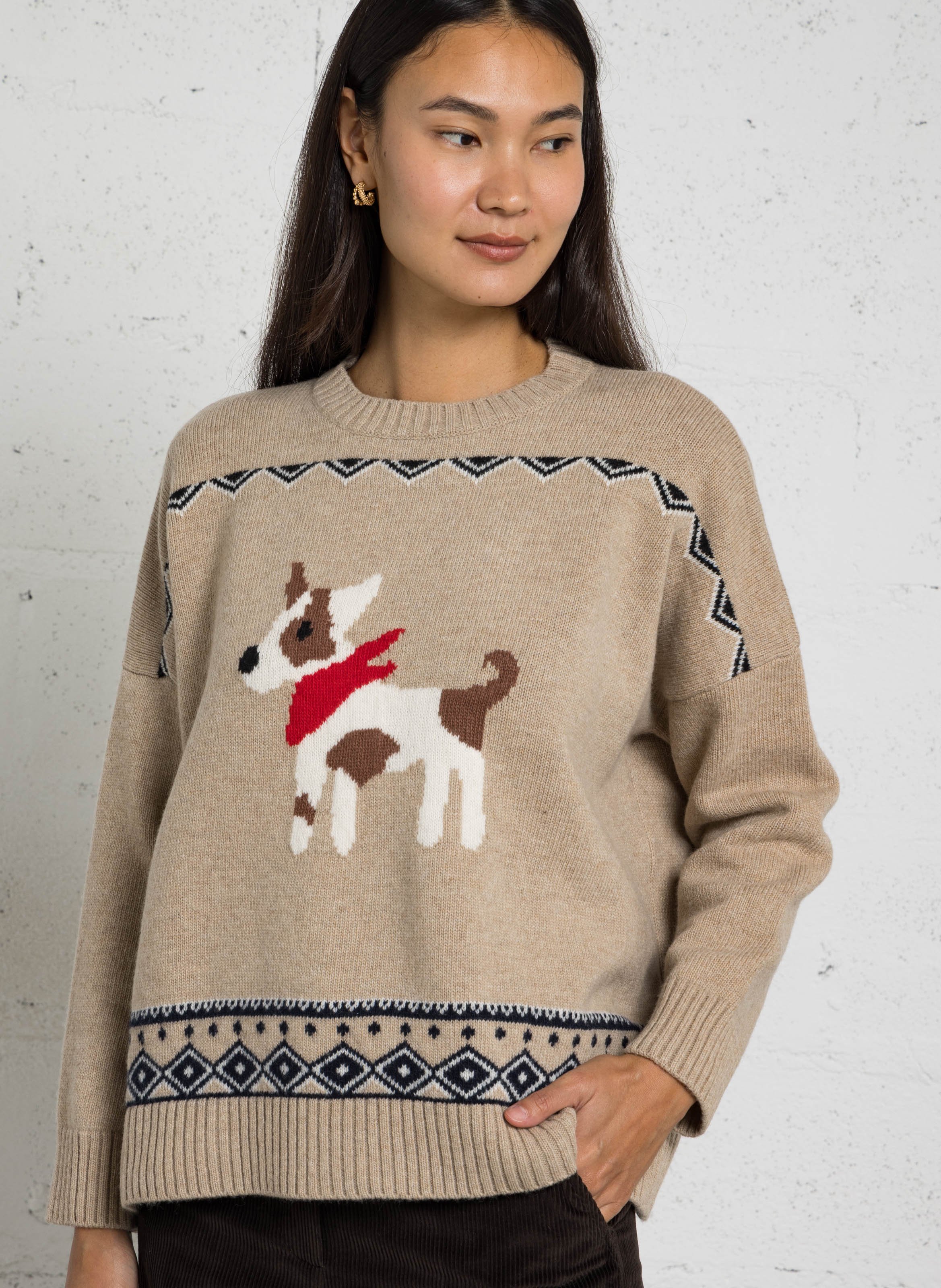 Pull oversize col rond jacquard en laine MAX MARA WEEK END Beige