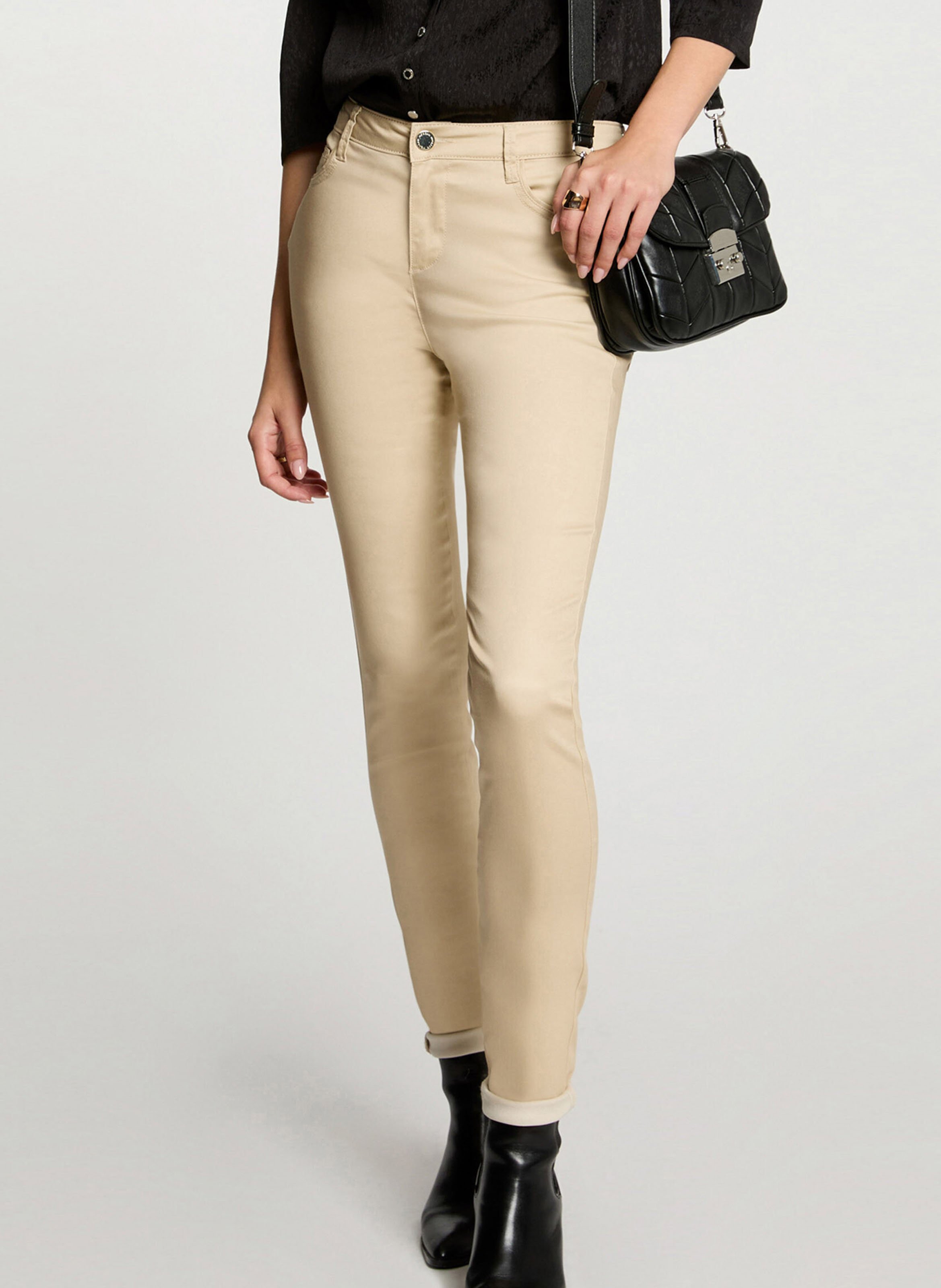 Pantalon Skinny Enduit En Coton Melange Pfrashi Beige Morgan Femme 99332 202 BEIGE Place des Tendances