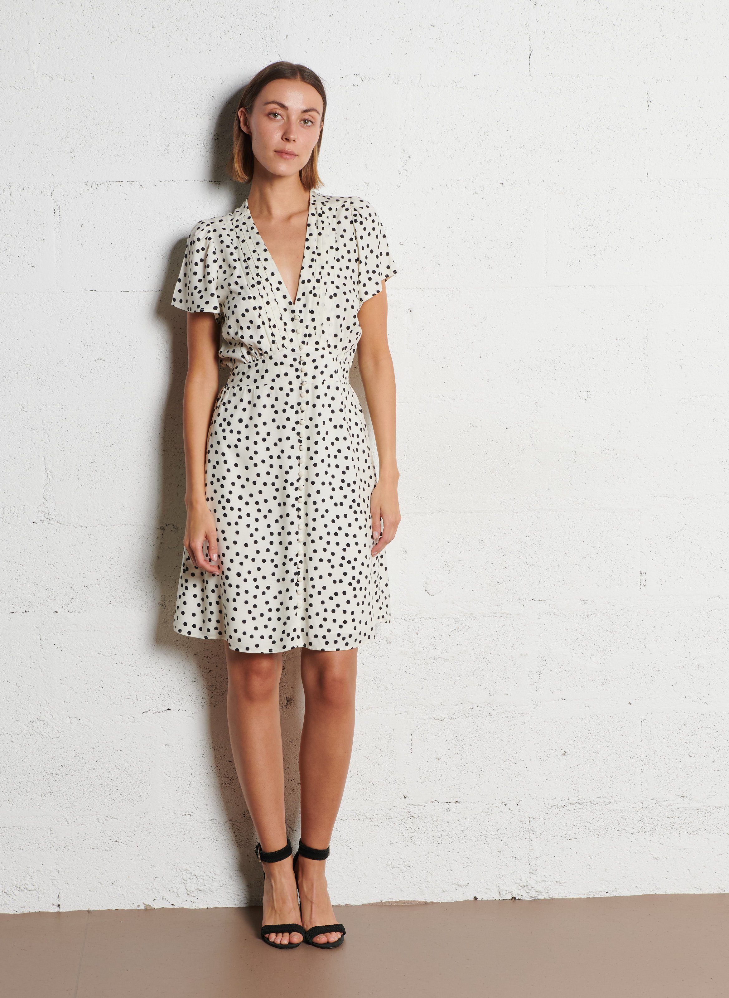Short polka dot V-neck dress IKKS White