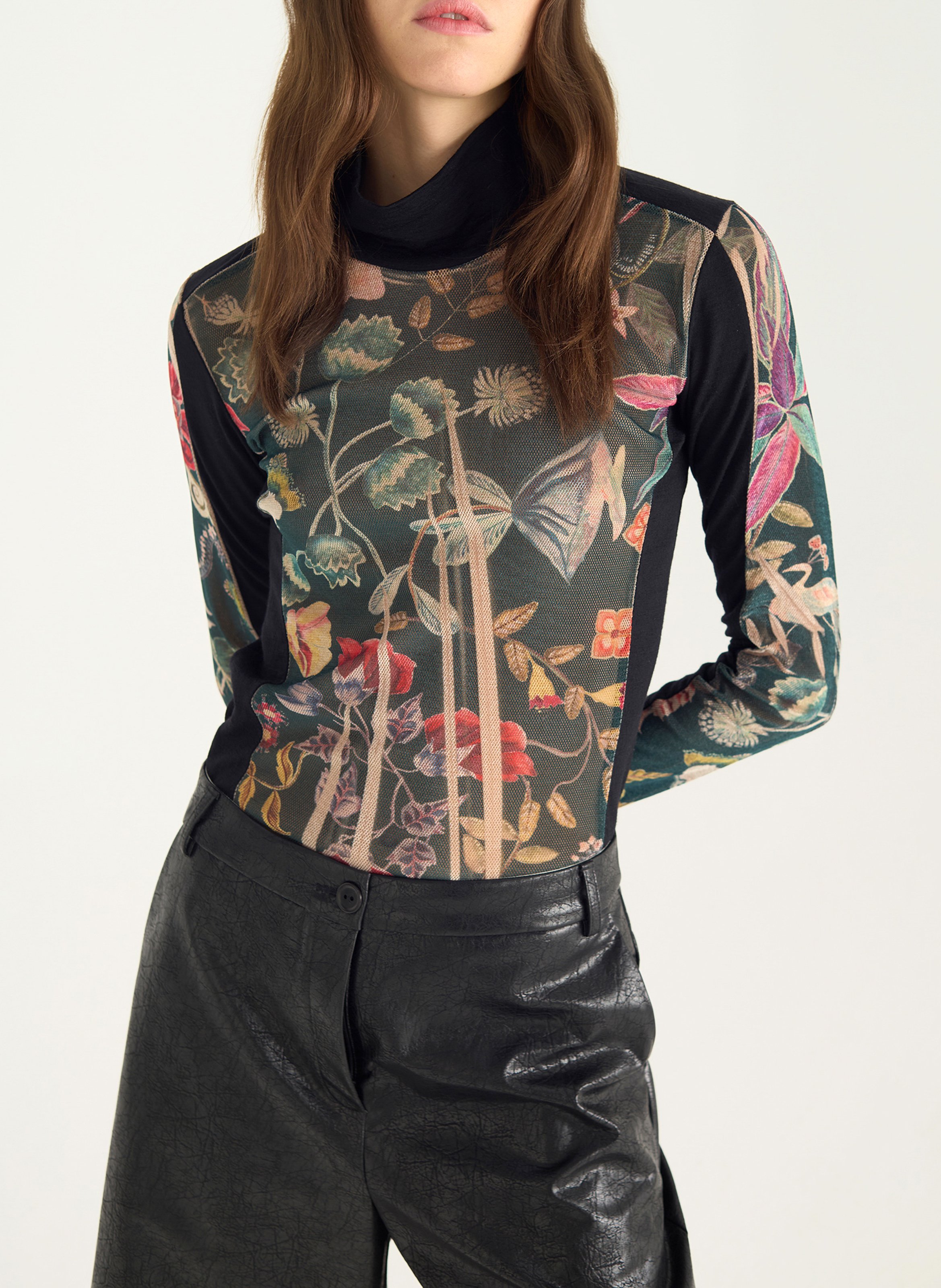 Tee-shirt col montant à résille imprimée COTELAC Vert