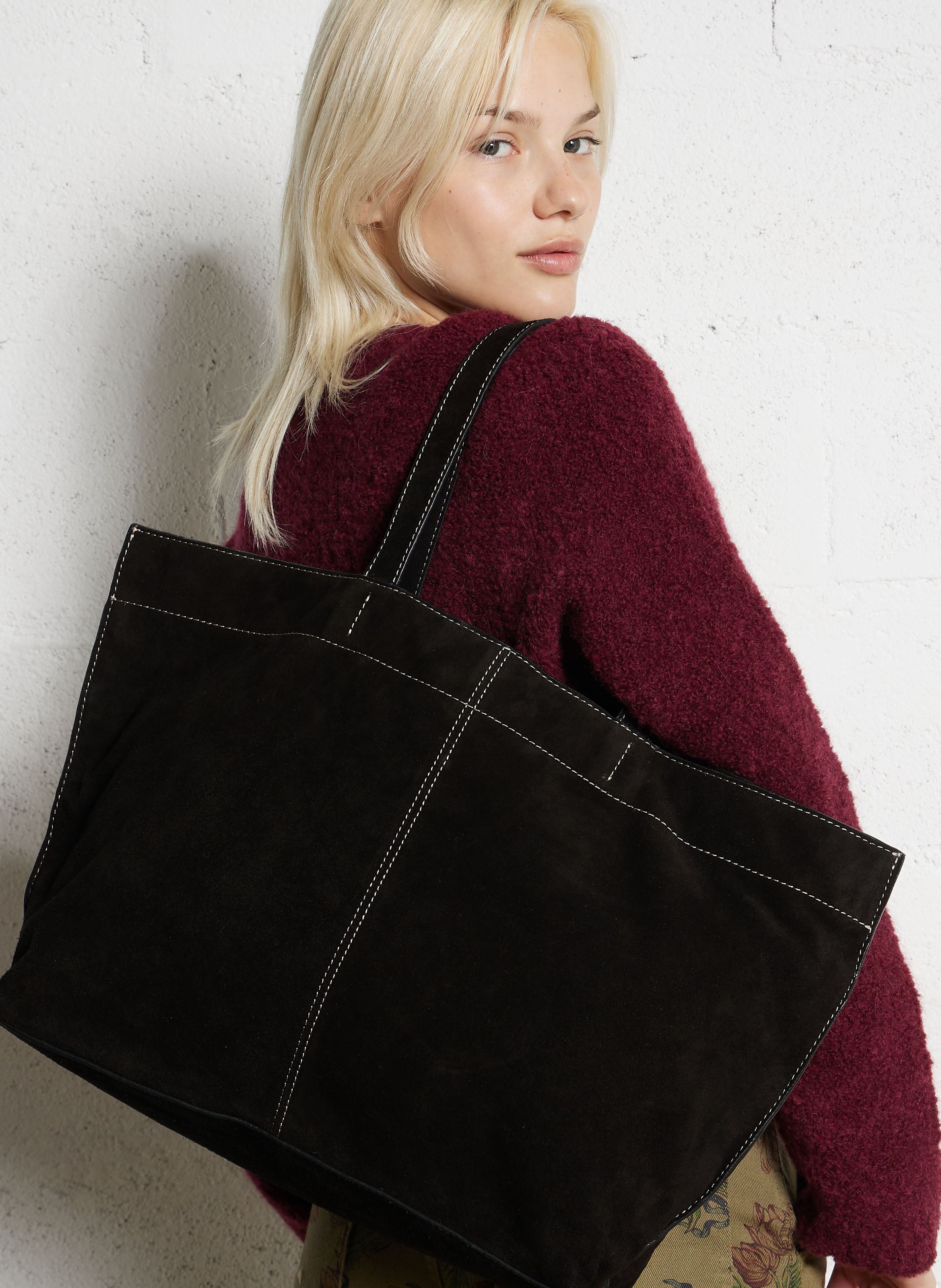 Cabas surpiqué en cuir suédé BECKSONDERGAARD Noir