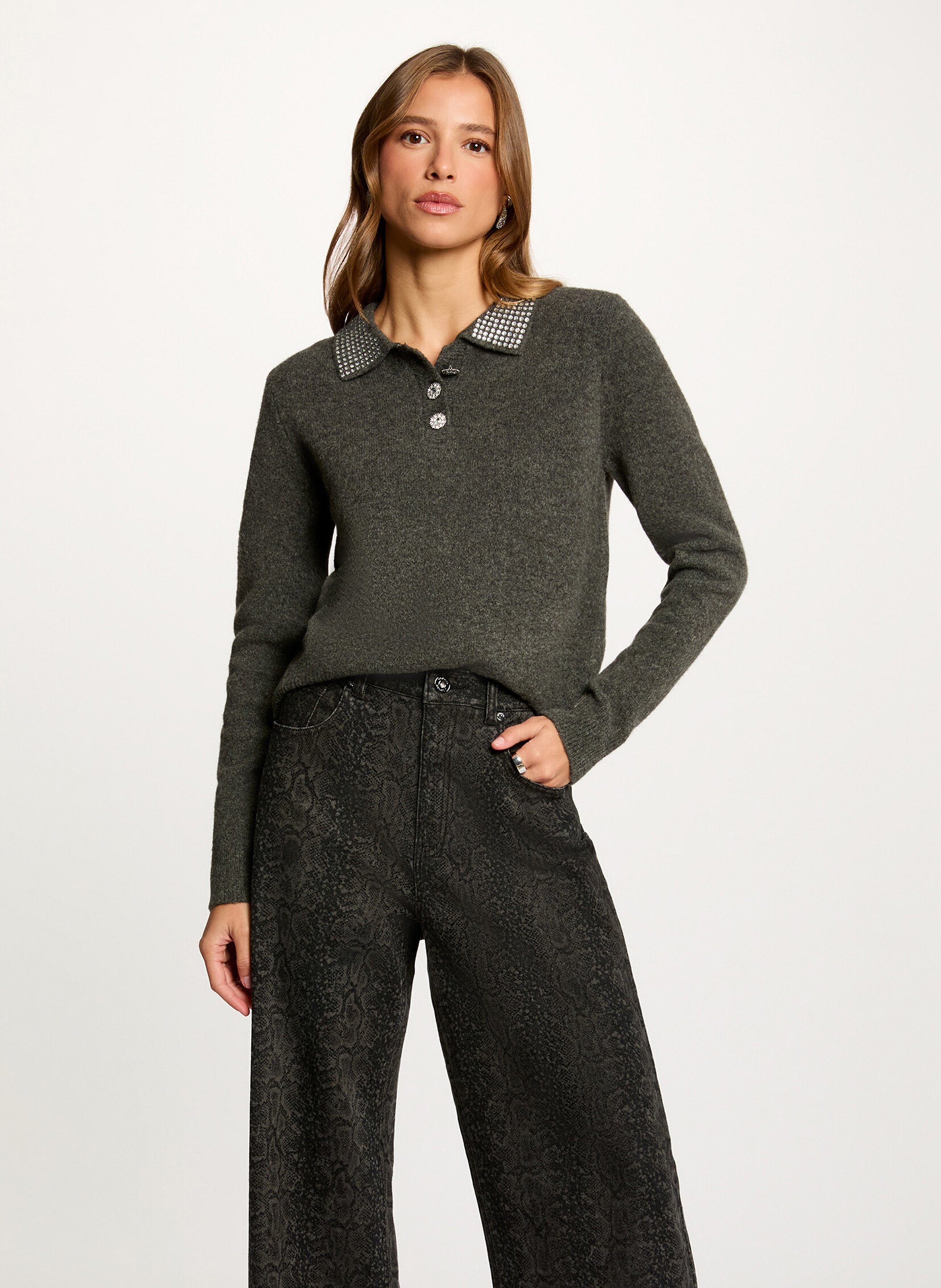 Pull col chemise à strass MORGAN Gris