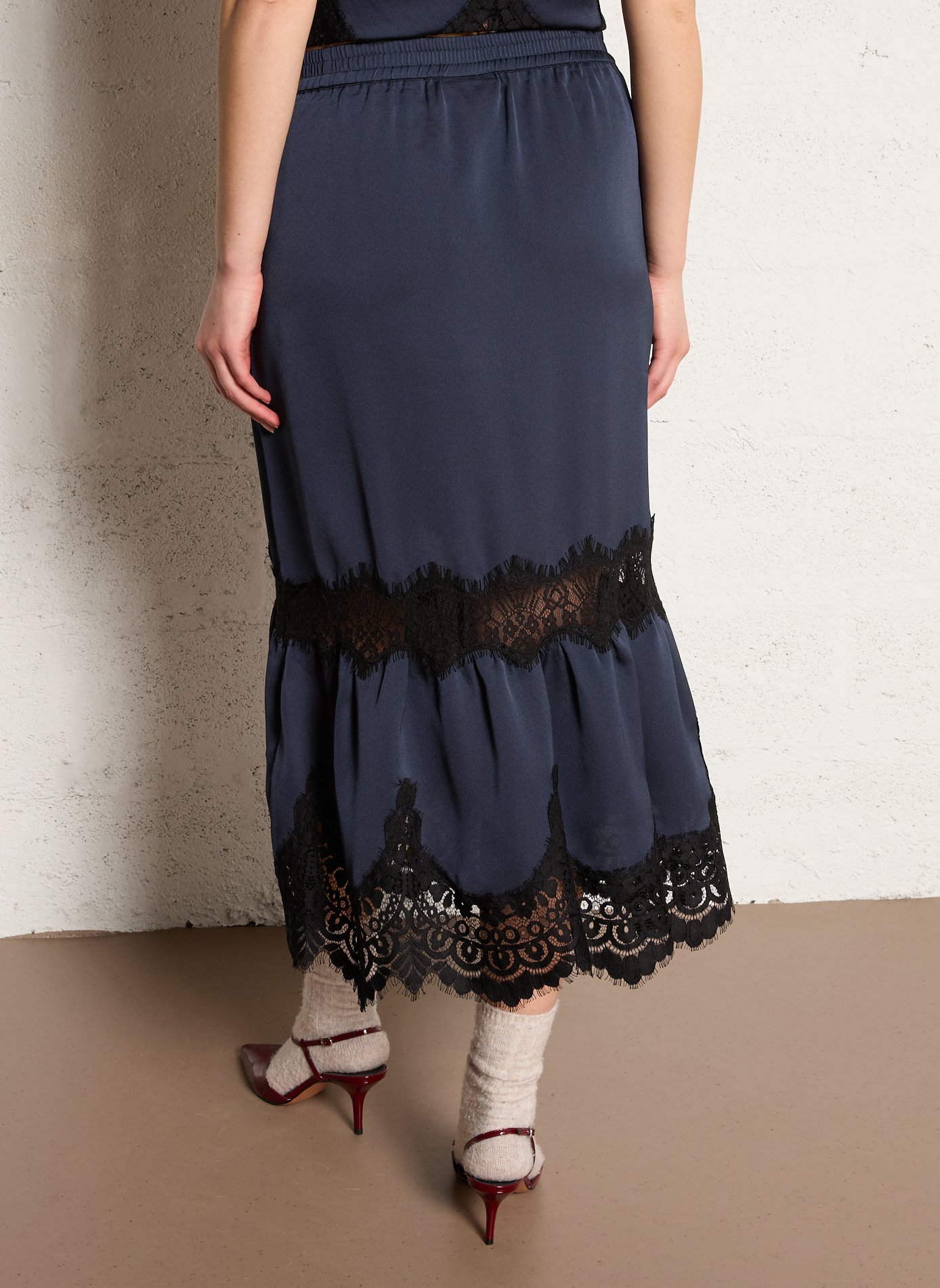 Jupe midi inserts dentelle STELLA NOVA Bleu