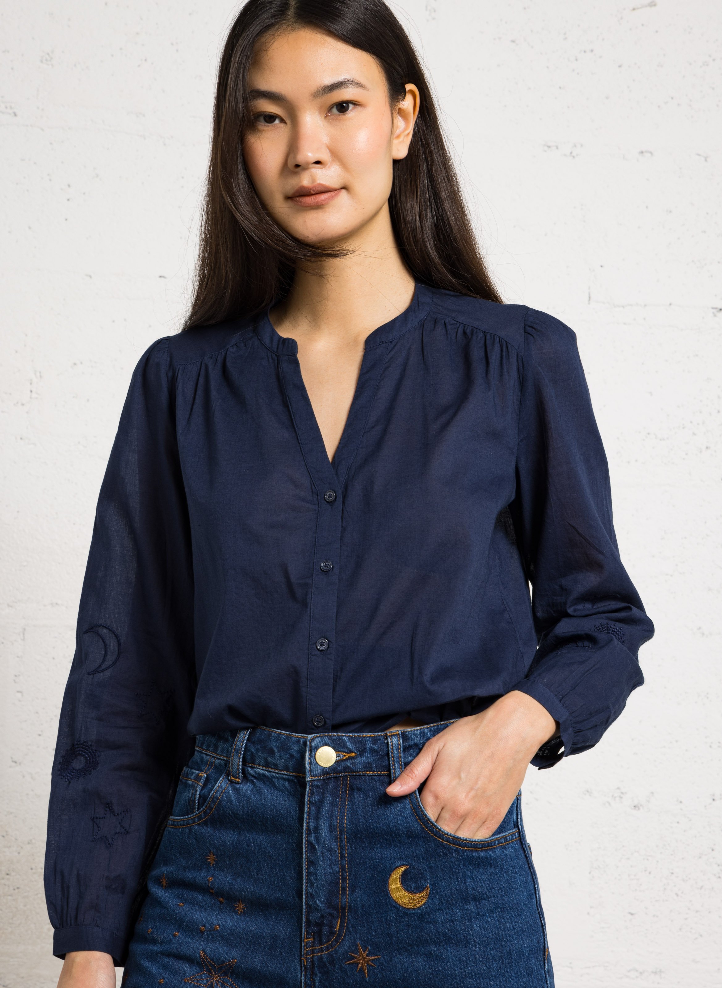 Embroidered cotton tunic collar blouse LA PETITE ETOILE