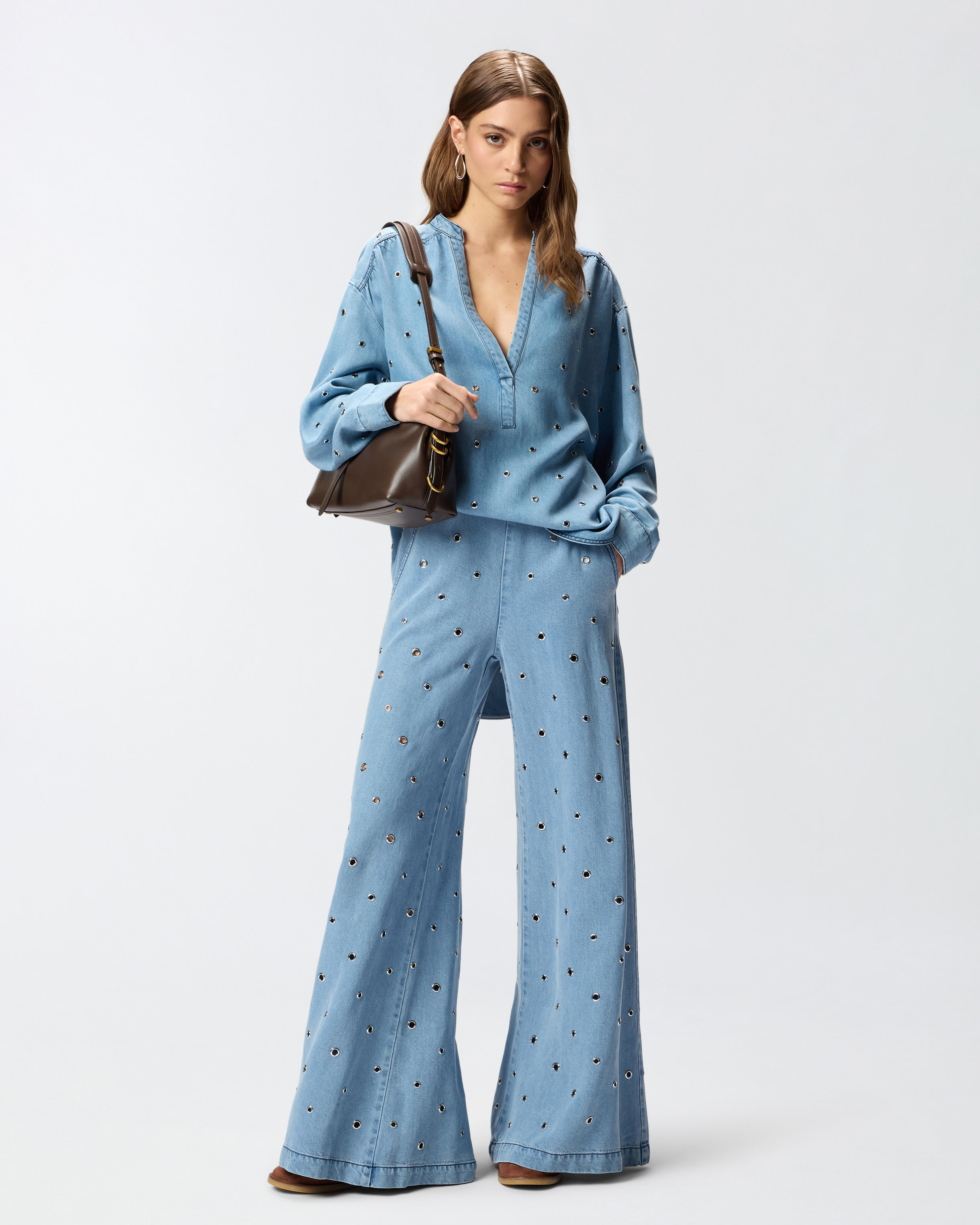 Blouse en denim à œillets PINKO Bleu