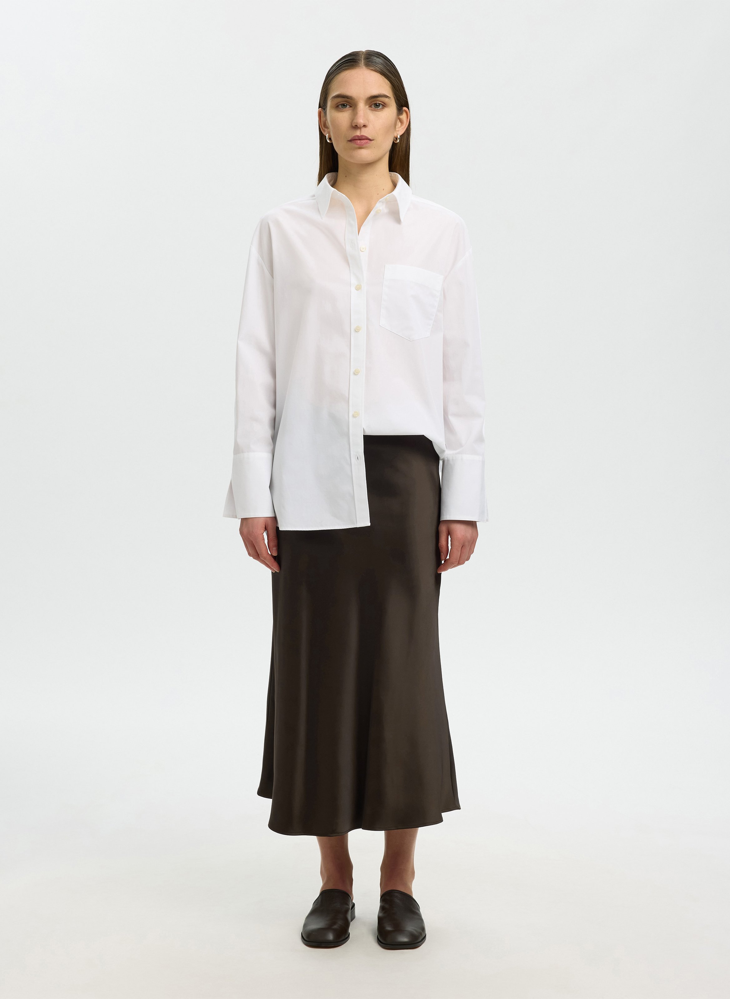 Jupe midi évasée en satin SELECTED Marron