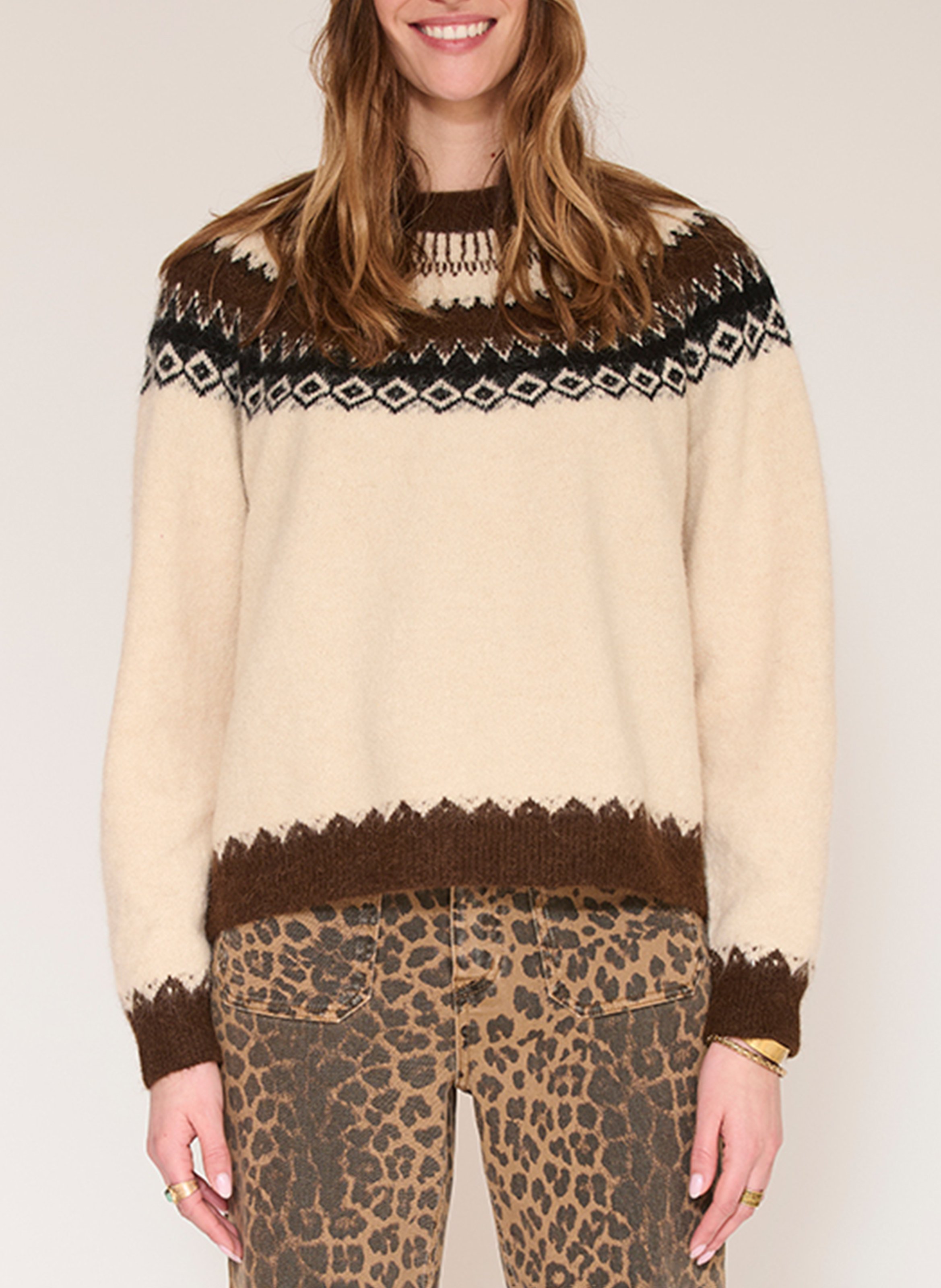 Pull droit col rond jacquard en laine mélangée MKT Beige